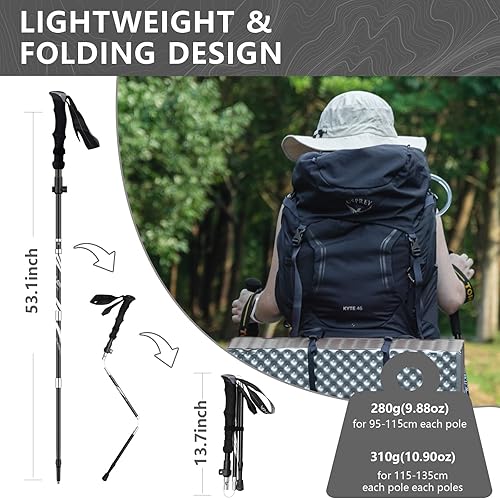Miniatura 2 de BISINNA Bastones de senderismo plegables de aleación de aluminio, 2 unidades, ligero, ajustable, plegable, para hombres Wowen, bastones con sistema