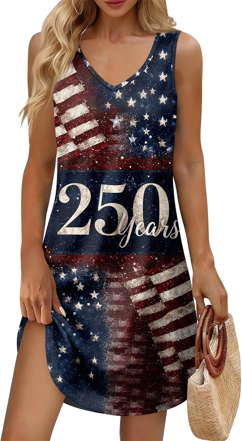 USA americaTh Anniversary Women's Sun Dress USA Flag Graphic Casual T-Shirt Mini Sundresses with Pockets, S-3Xl
