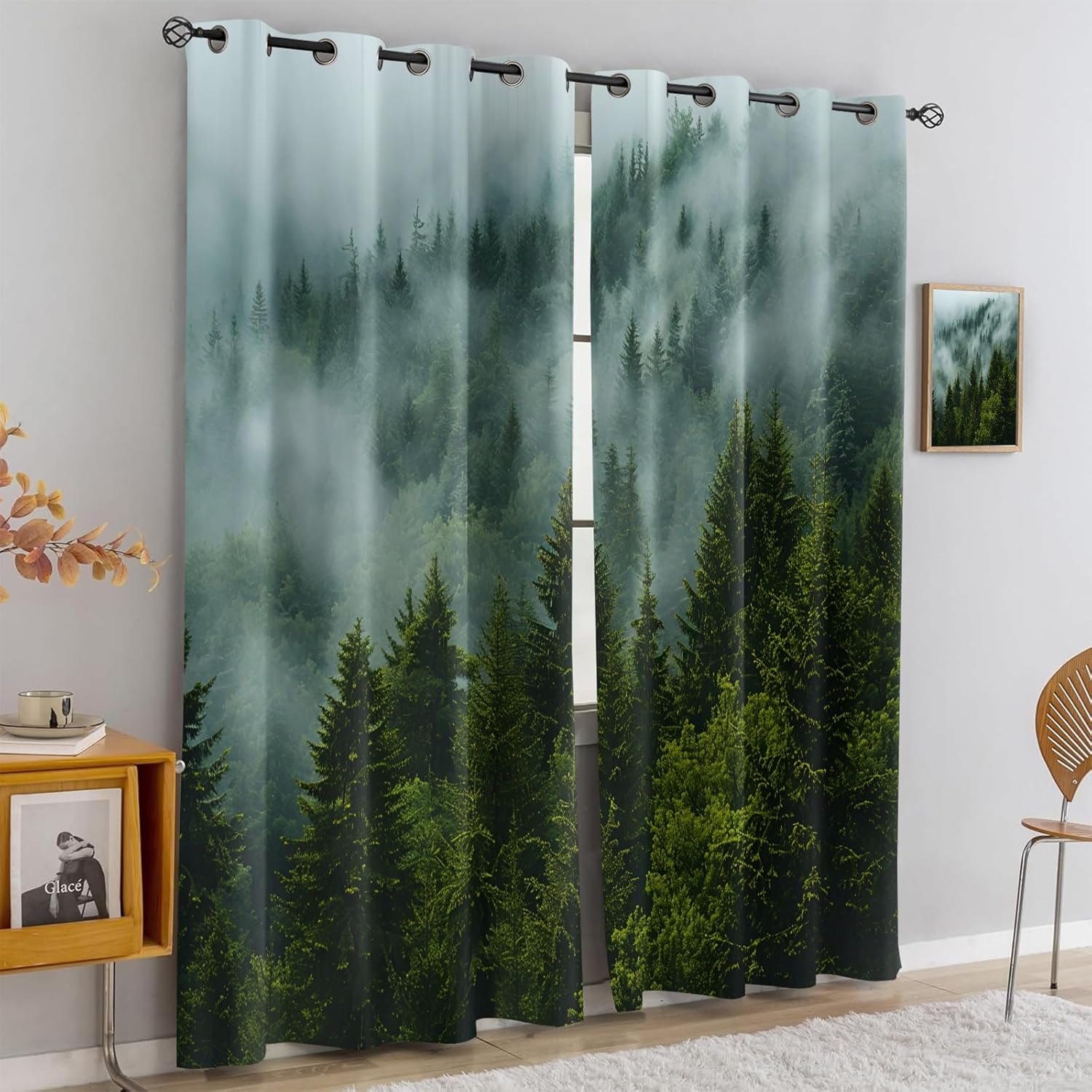 Green Pine Forest Window Treatments 84 inch Length, Fir Woodland Blackout Curtains for Bedroom, Natural Misty Forest Drapes, Thermal Window Treatments for Kitchen & Home Decor, 2 Panels Set