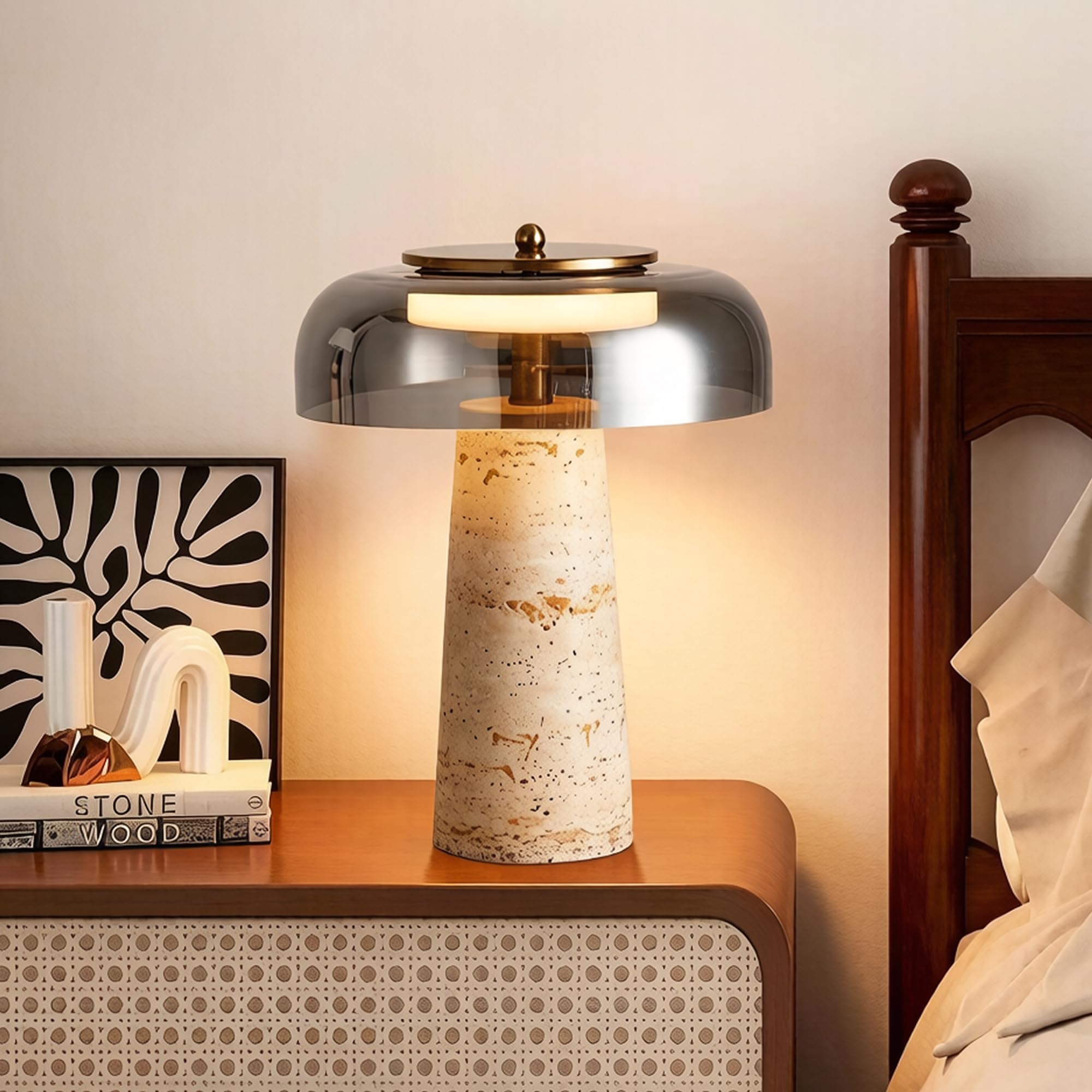 Lámpara de piedra, lámpara de mesa auxiliar de travertino con pantalla de cristal, iluminación LED de cabecera de 5 W, brillo cálido, decoración de piedra natural para dormitorio, sala de estar, gray