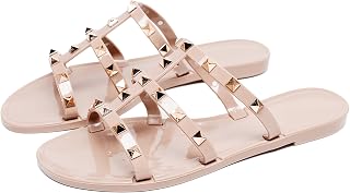 Studded Sandals for Womens Jelly Shoes Flats Stud Slides Slip On Ladies Dress Black Jellies Slippers Summer Beach with Rivets Open Toe