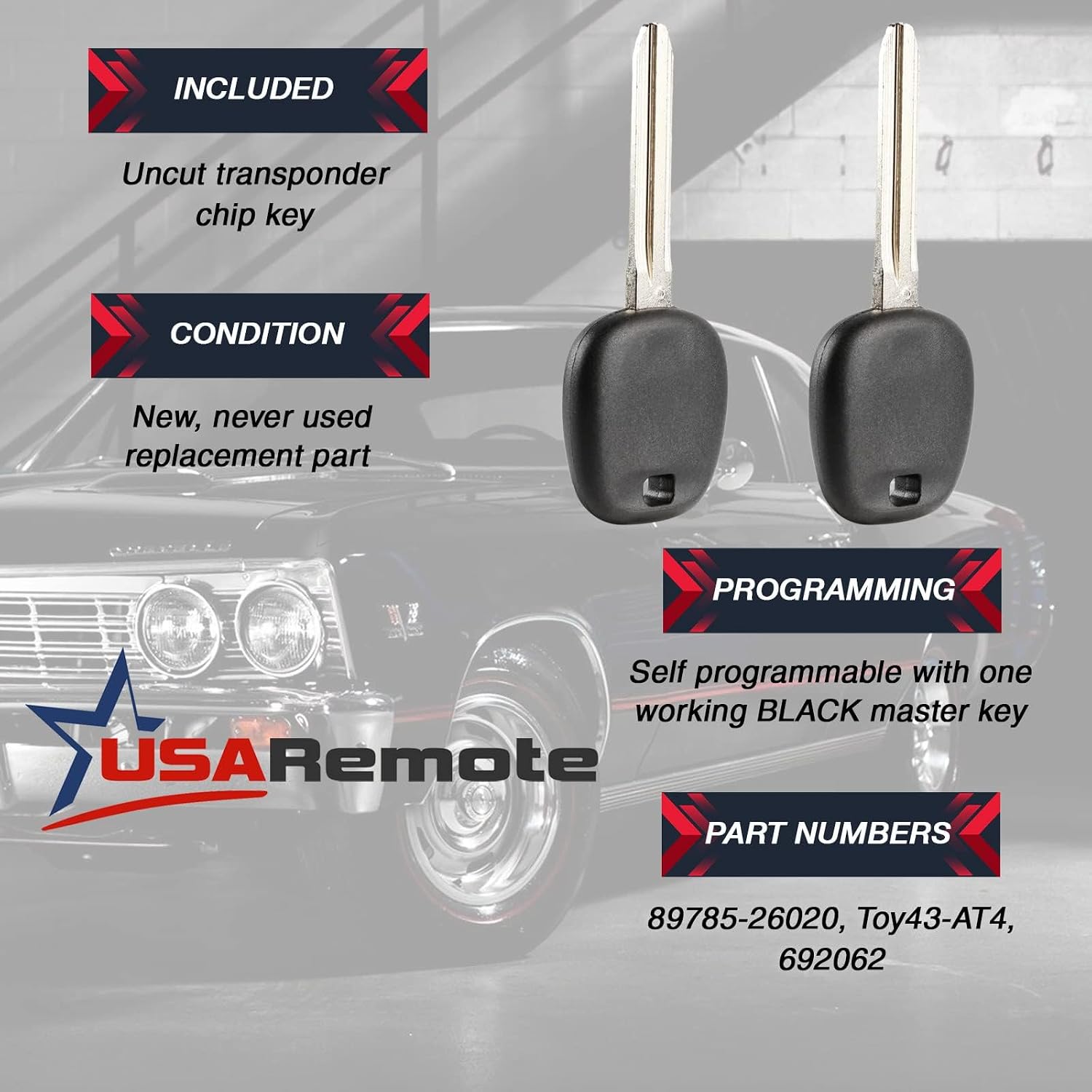 Uncut Transponder Ignition Key fits Toyota with 4C Chip, Set of 2