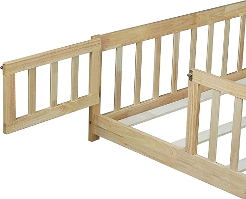 Miniatura 31 de Harper & Bright Designs Cama de suelo tamaño Queen con valla y puerta, marco de cama Montessori de madera para niños, niñas, listones incluidos, no