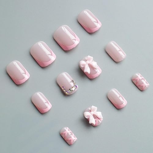 Miniatura 5 de Uñas postizas cuadradas cortas a presión Petite MABKJLF con punta francesa color rosa claro, cobertura completa, uñas postizas blancas con pegamento