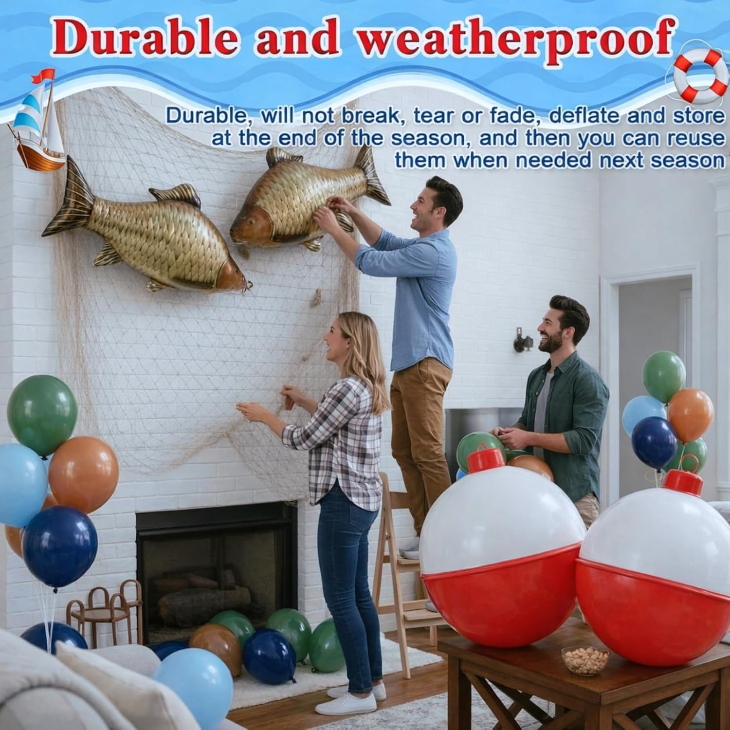 Jetec 148 Pcs Gone Fishing Party Decorations Set Including Inflatable Fishing Bobber Ball Fish Balloons Fish Net Green and Blue Balloons for Fishermen Birthday Party Yard Decoration