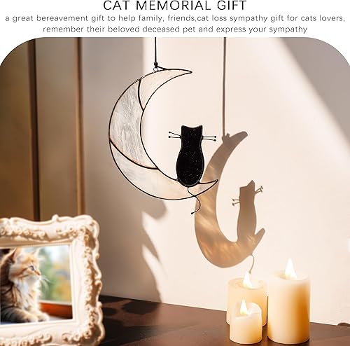 Miniatura 5 de Gato negro de vitrales sentado en luna blanca, colgantes de ventana hechos a mano, paneles de ventanas de vidrio, regalo conmemorativo para los