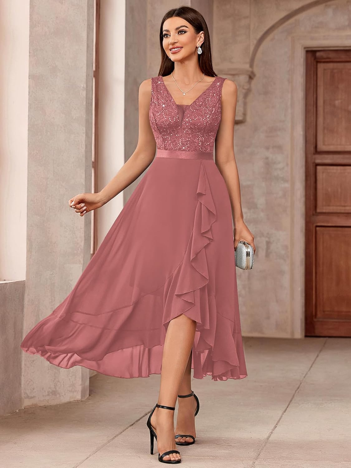 Miusol Women's Vintage V-Neck Sleeveless Sequined Floral Lace Ruffle Split Evening Party Dress - Image 6