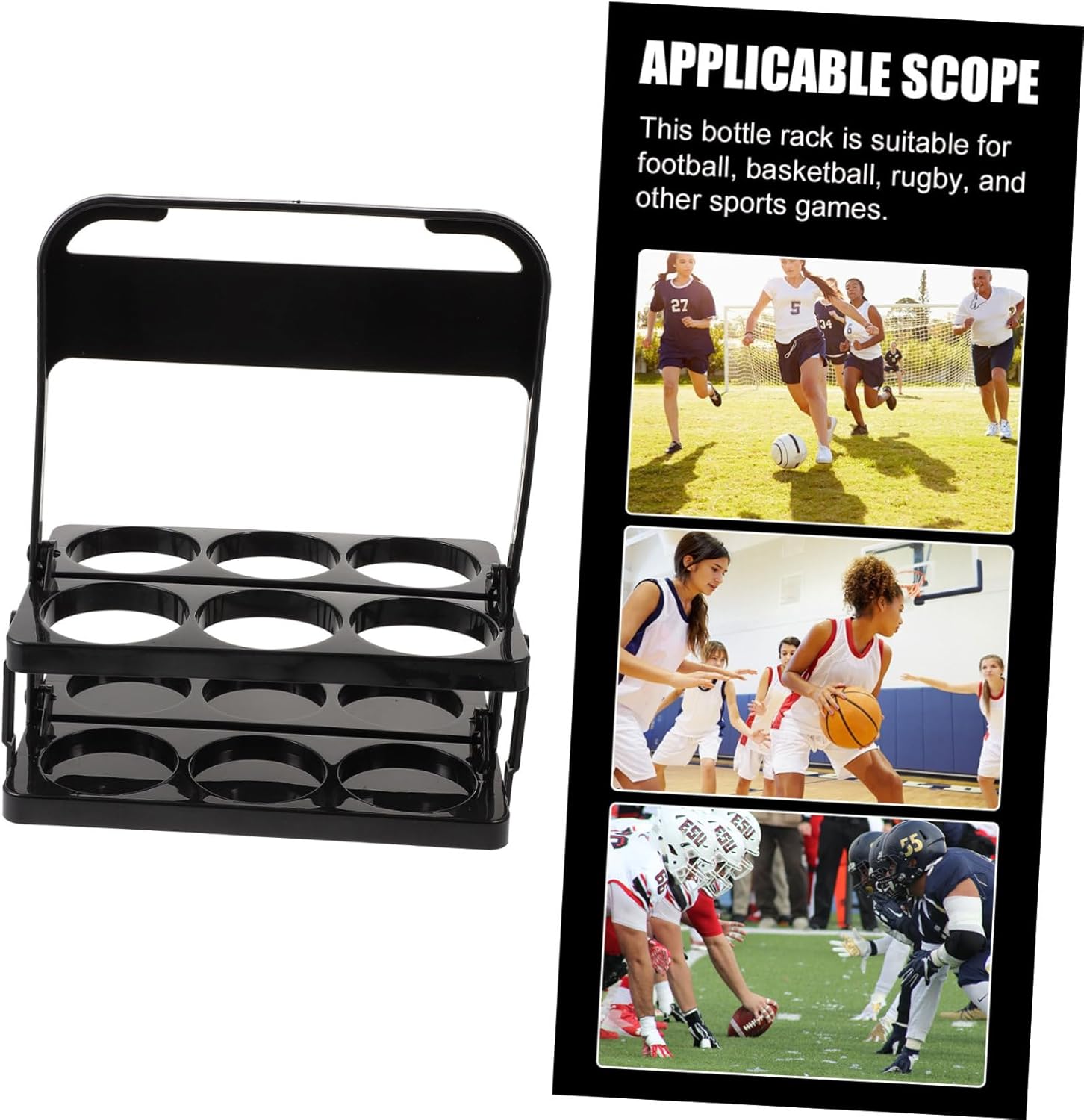 Luxshiny Sports Water Bottle Rack 6-Pack Portable Cup Holder for Athletes Sturdy Plastic Bottle Carrier Handle for Football Games and Outdoor Activities