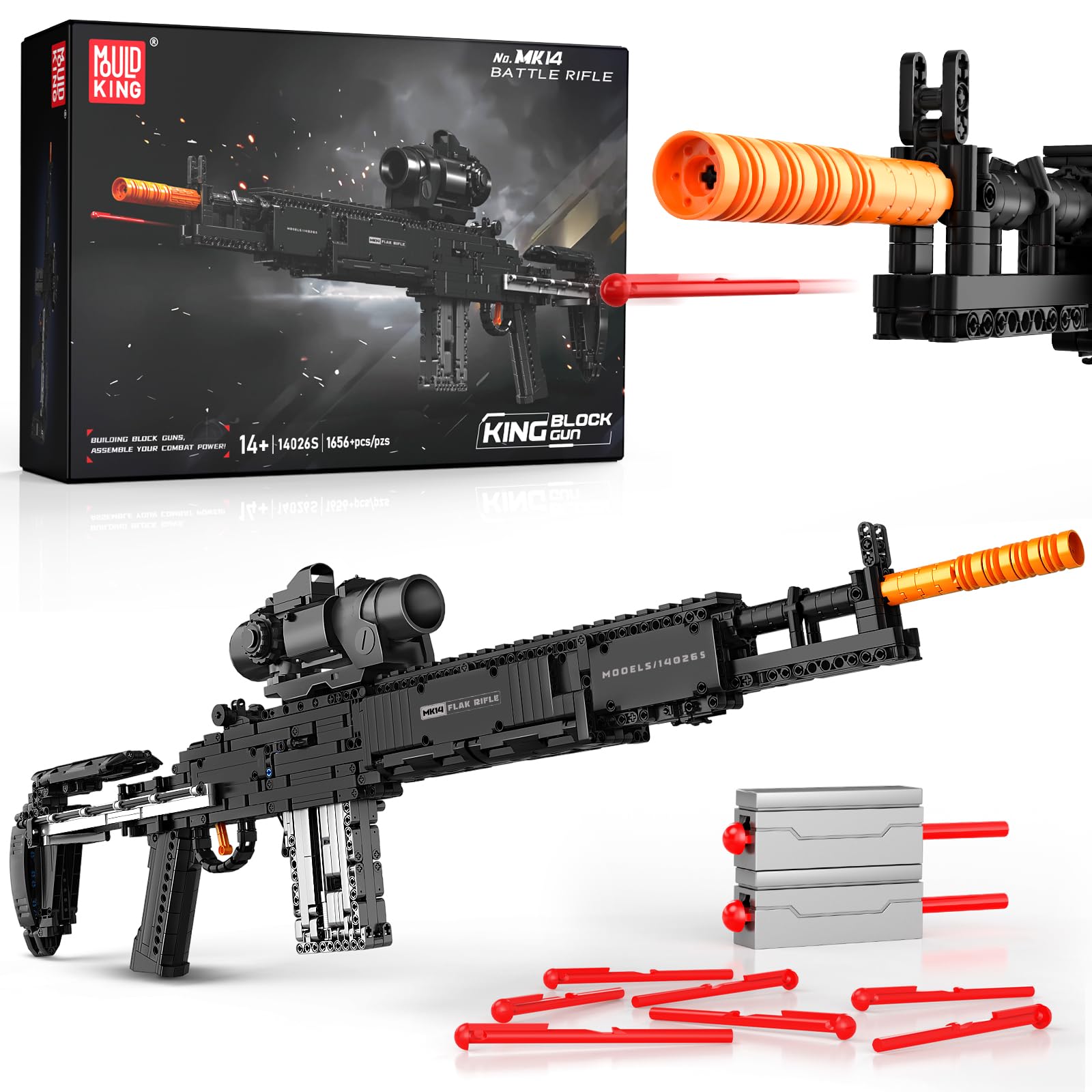 Mould King 14026 Building Block Gun for Adults, 1:1 MK14 Model Gun Building Sets, Collectible Military Model Construction Kit for Teens Age 14+ (1606