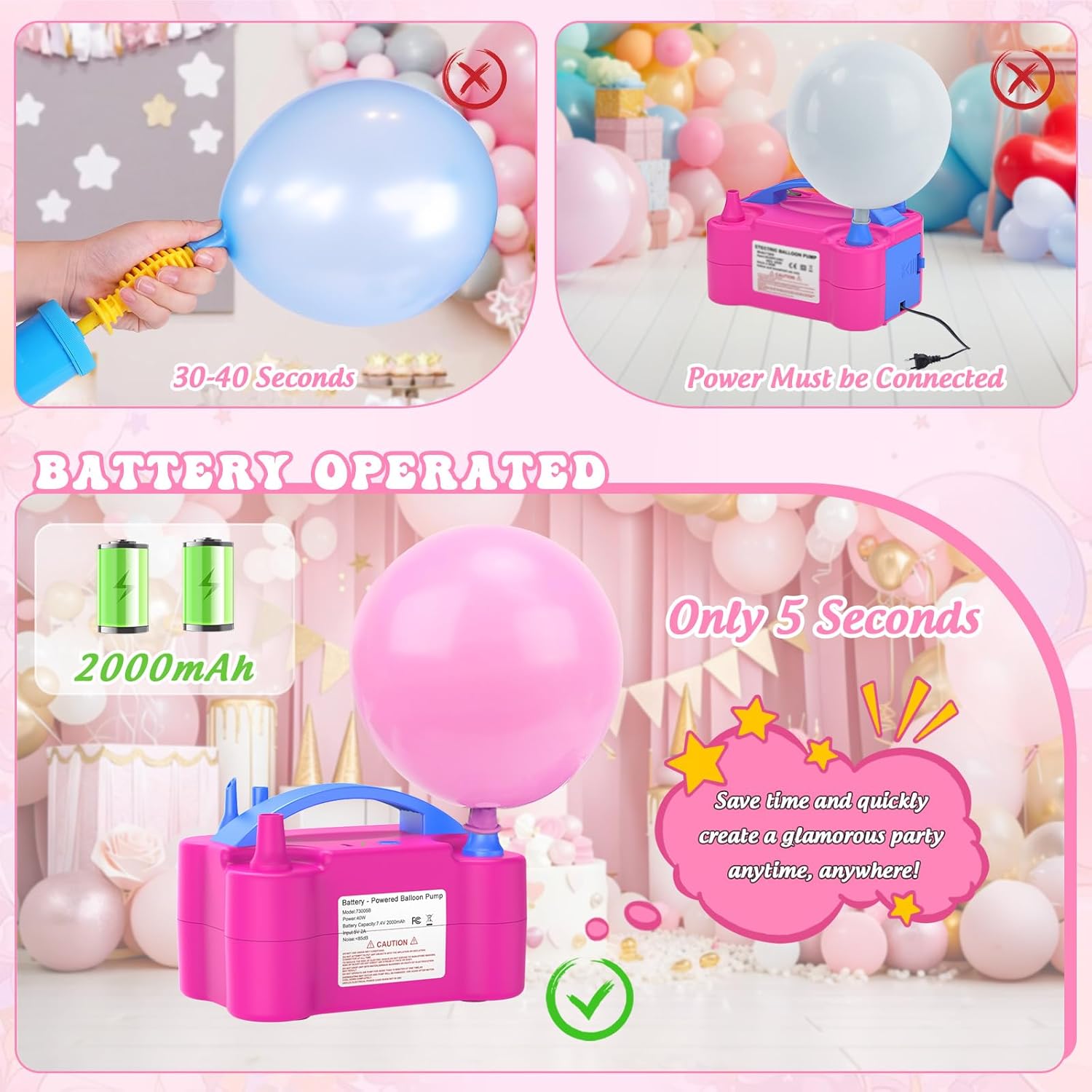IDAODAN Electric Balloon Pump, Portable Electric Balloon Blower Machine Balloon Air Pump Dual Nozzle Rose Red 110V 600W Balloon Inflator for Party Decorations