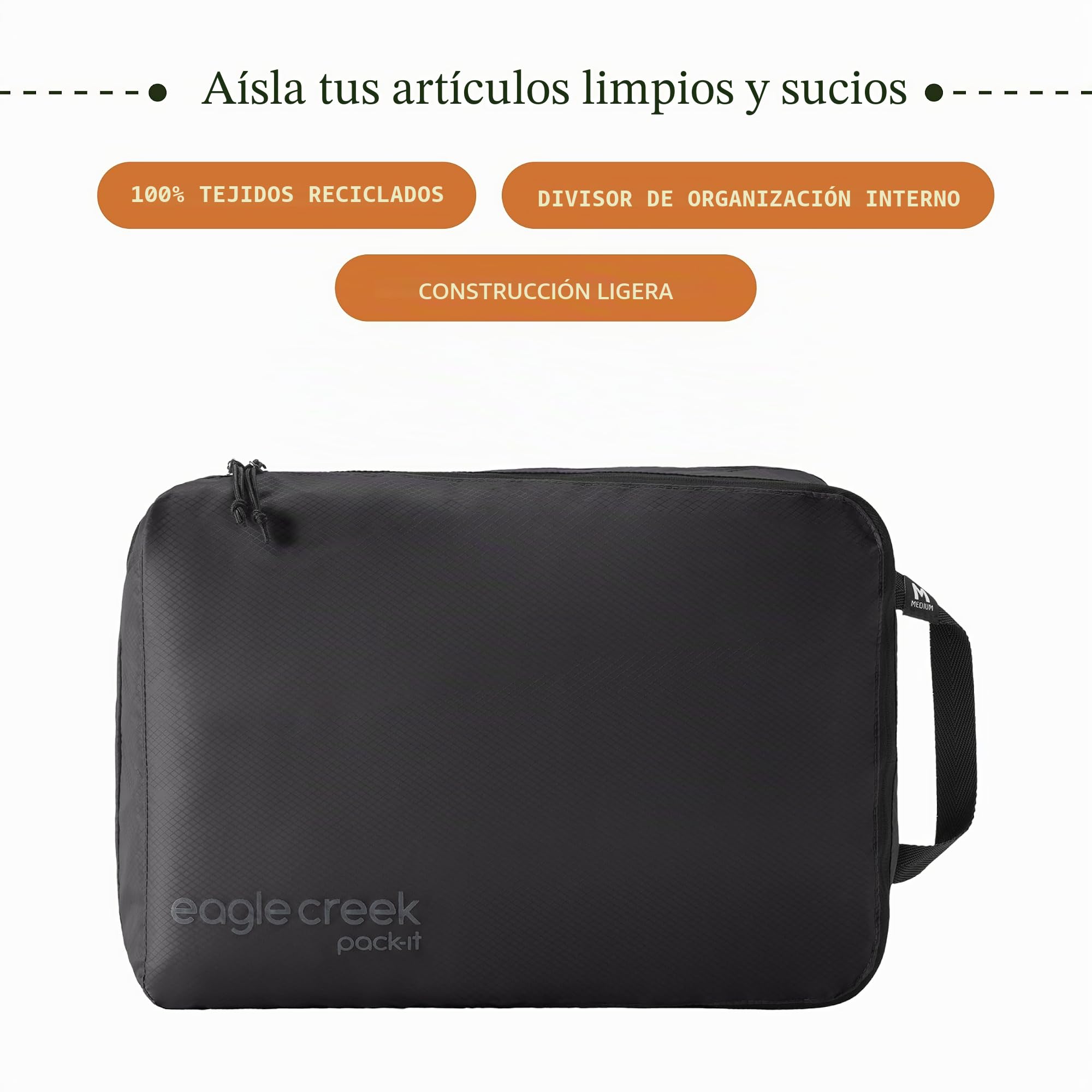 Eagle Creek Pack-It - Cubo de embalaje aislado limpio/sucio, cubos de embalaje de doble compartimento para optimizar el espacio del equipaje, ligero, tela reciclada, lavable, mediano, color negro