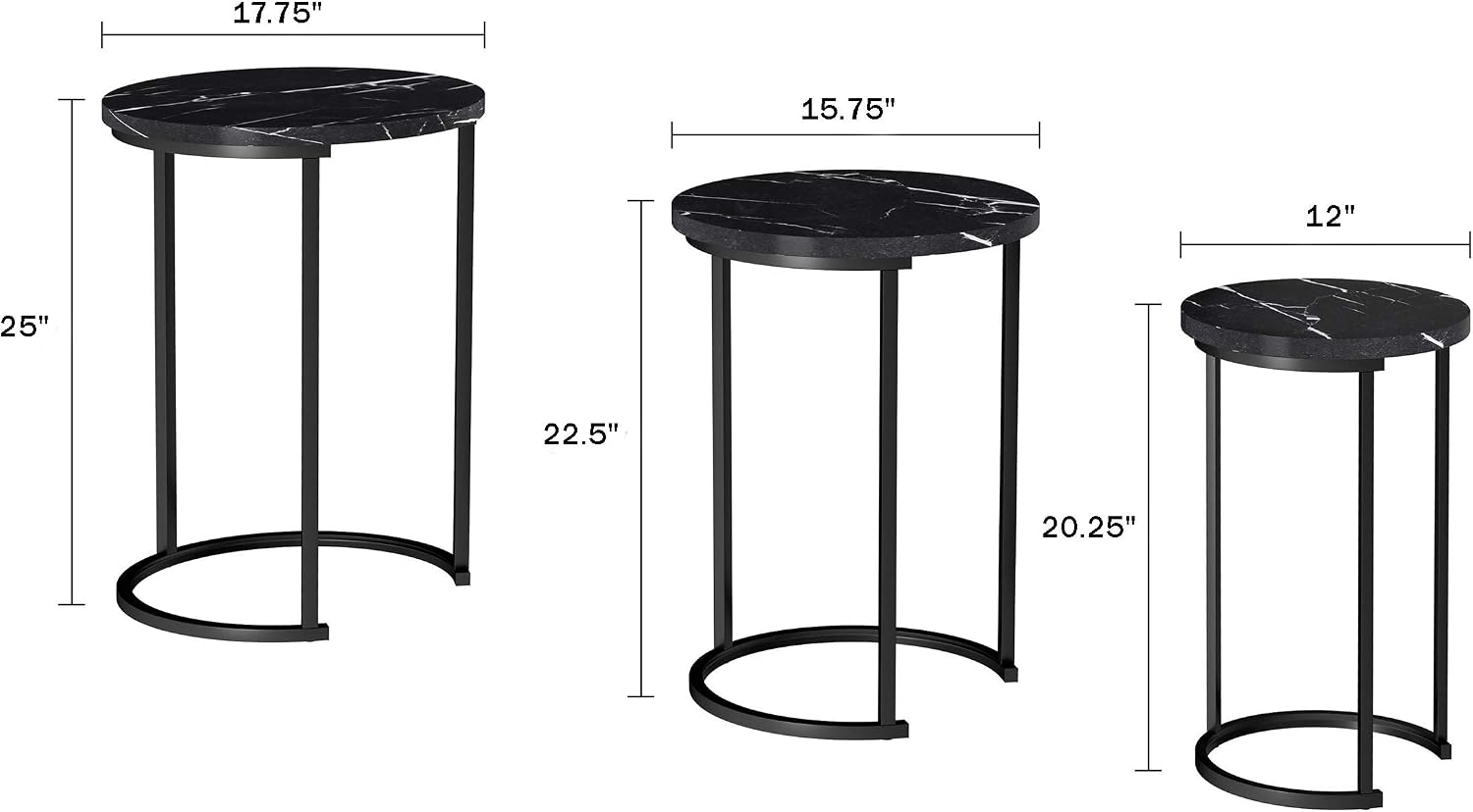 Lavish Home Nesting Tables - Set of 3 Round Side Tables for Living Room, Bedroom, or Home Office - Faux Marble End Table Set - Modern Living Room Furniture (Black)