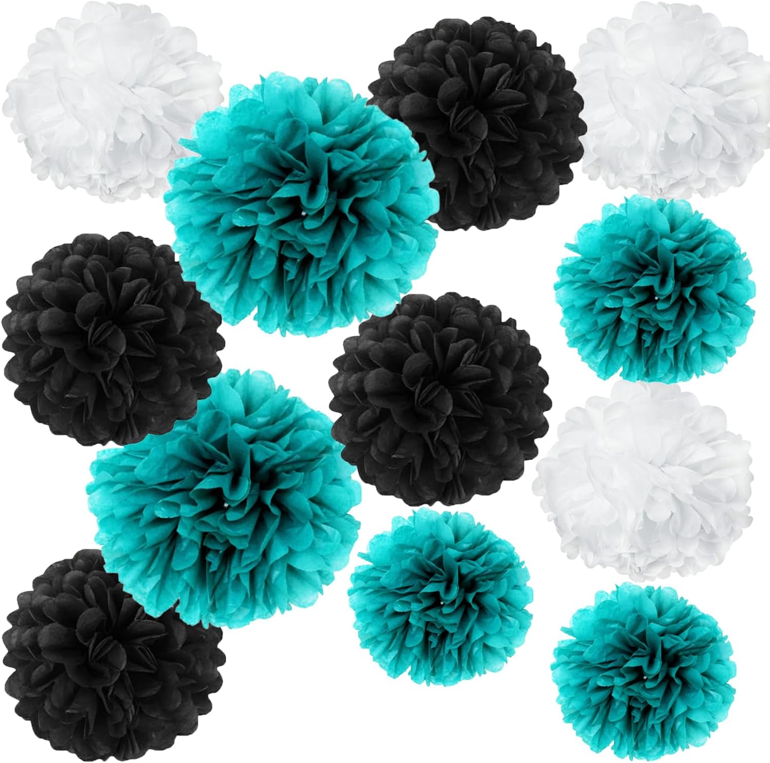 12PCS Teal Turquoise Aqua Black Party Streamers Paper Flower Pom Poms - Cool Dude Birthday Party Decorations Backdrop Breakfast Blue Teen Boys Party Mustache Baby Shower Wedding Décor