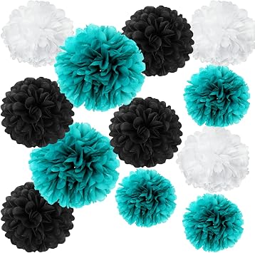 12PCS Teal Turquoise Aqua Black Party Streamers Paper Flower Pom Poms - Cool Dude Birthday Party Decorations Backdrop Breakfast Blue Teen Boys Party Mustache Baby Shower Wedding Decor