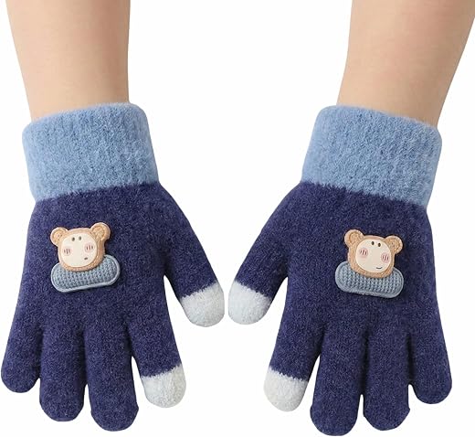 Kraptick Kids Winter Gloves - Ultra-Soft Thick Knit Fuzzy Warm Mittens for Boys & Girls Cute Bear Patch Thermal Hand Warme...