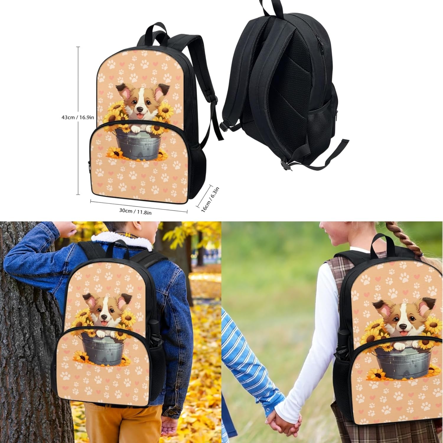 Sunflower Cogi Dog Backpack with Insulated Meal Bag Set 2 Piece for Girls Boys Polyester Fabric Bookbag and Lunch Tote Portable Rucksacks