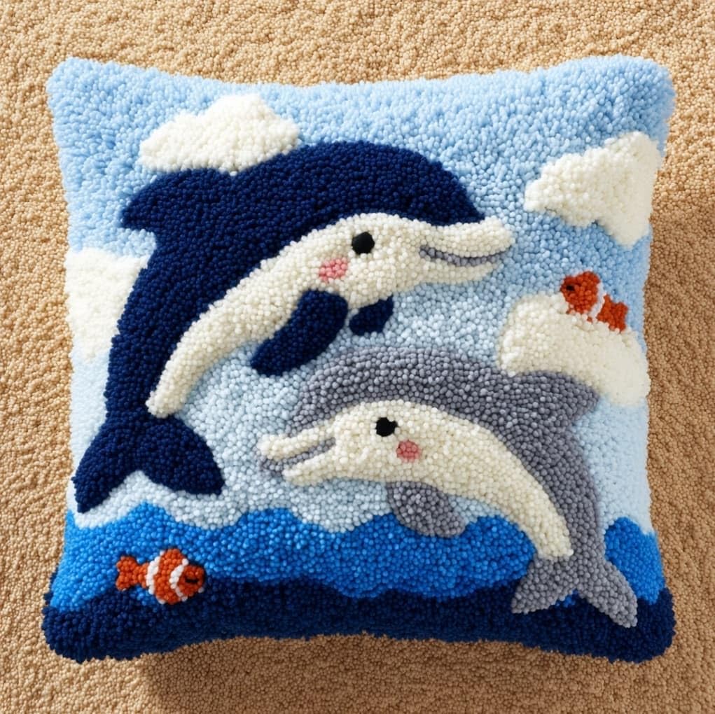 AxiangziK Handmade Latch Hook Cushion Kit 17x17 Inch,Two Dolphins
