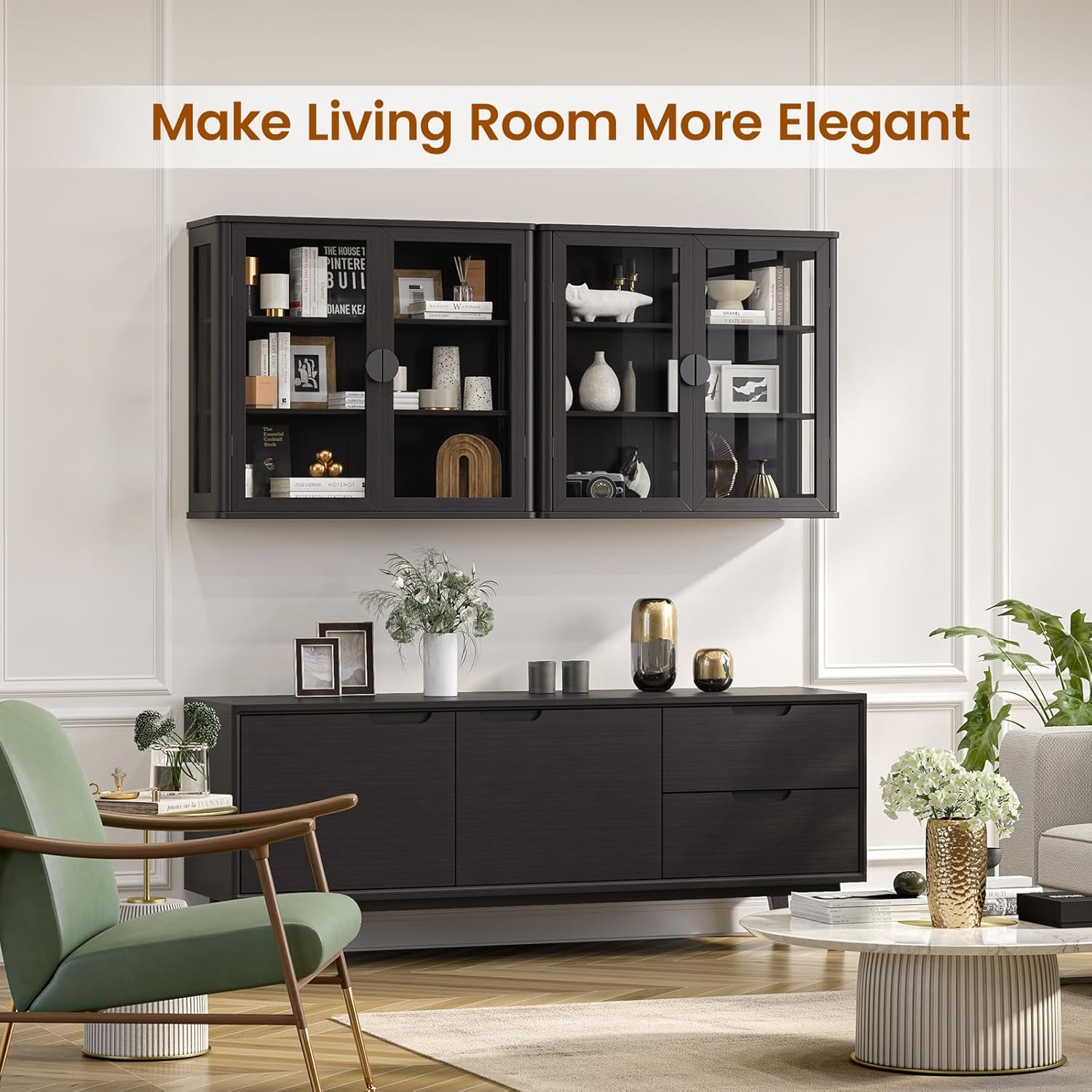 Black Tempered Glass Display Wall Storage Cabinet,Bathroom Wall Cabinet,Wall Mounted Cabinet with Curved Edges, Floating Cabinet with Adjustable Shelves for Kitchen,Dining Room,Bathroom