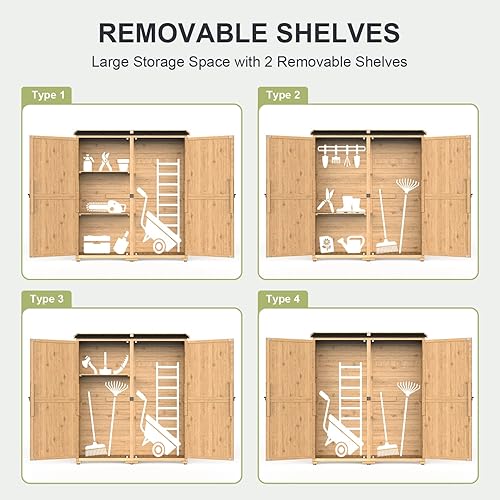 Vista 7 de Gizoon Outdoor Storage Cabinet with Waterproof Roof, Double Lockable Doors Garden Shed with 2 Removable Shelves, Wooden Storage Shed with Large