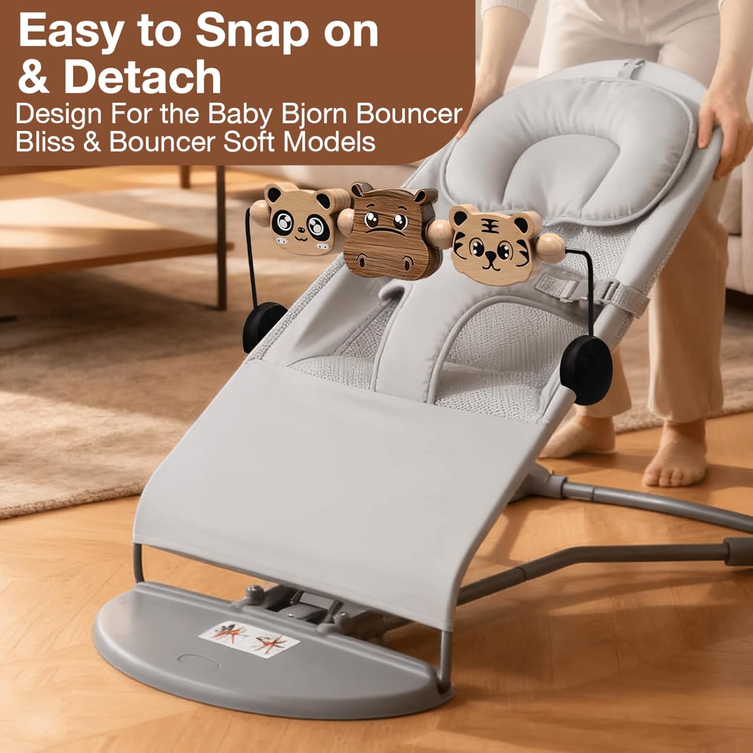Baby Bjorn Bouncer Toy Bar – Durable Wooden Baby Bouncer Toy Bar Attachment, Easy to Attach and Remove, 360° Rotating，Made of Natural Wood and Incorporating Animal Elements