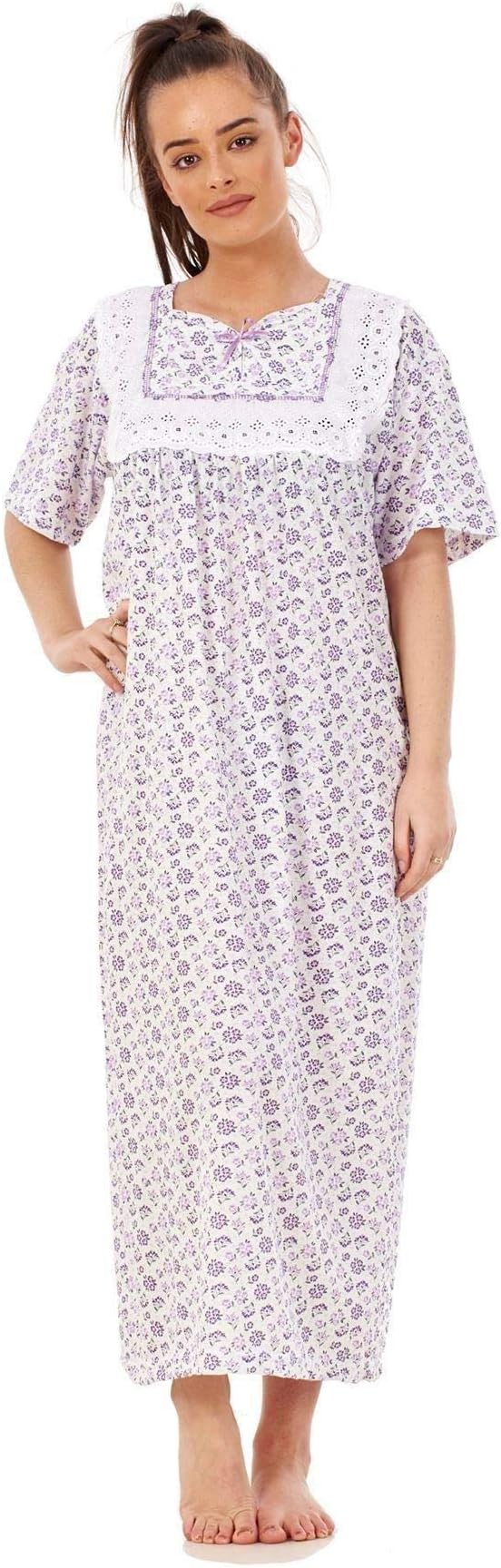 Apparel Women Nightwear Floral Print 100% Cotton Short Sleeve Long Nightdress M to XXXL Lavender