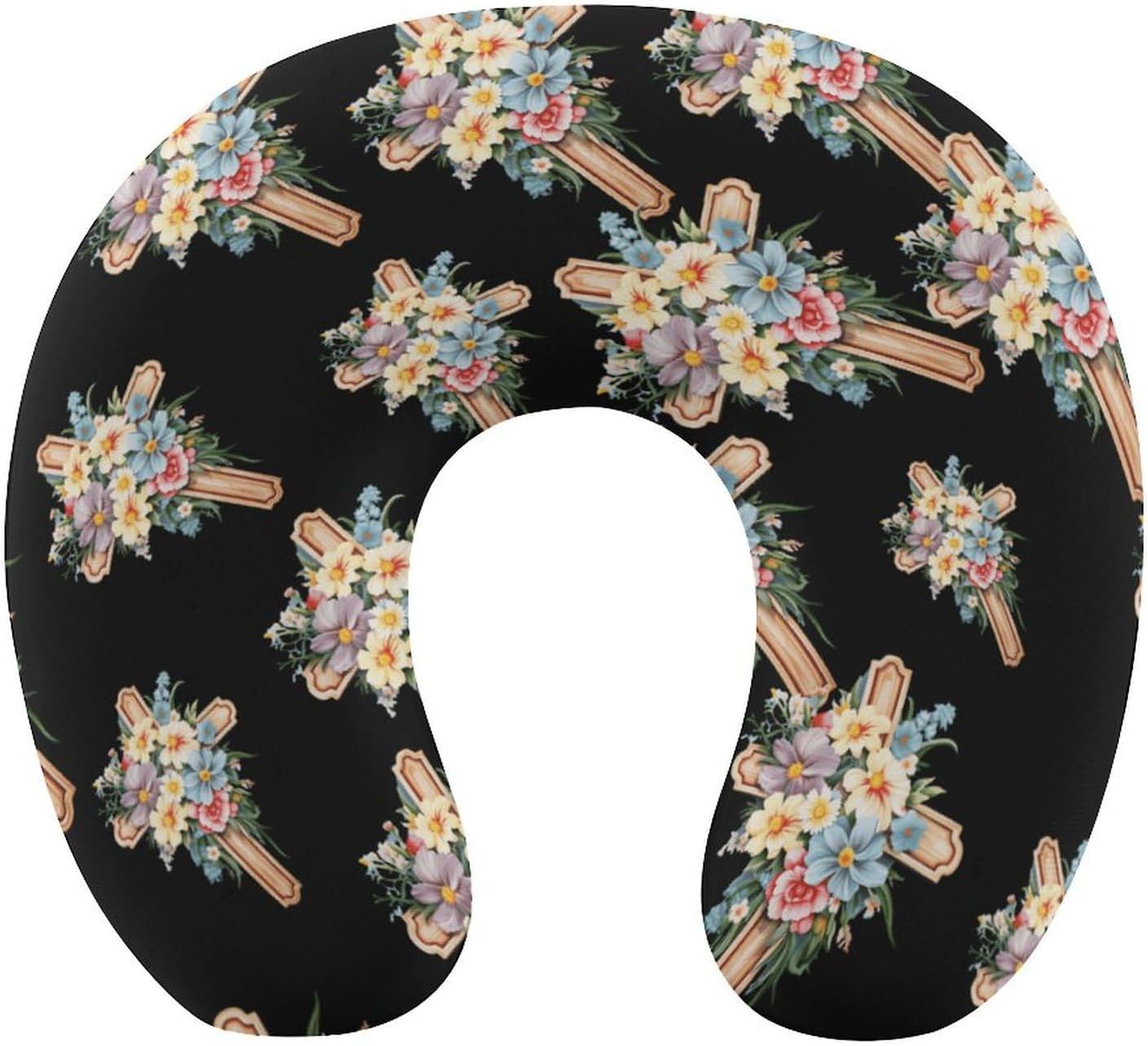 Christian Cross with Flowers U Shaped Neck Pillow Portable Travel Airplane Headrest Pillow Lightweight Support Pillow Cushion
