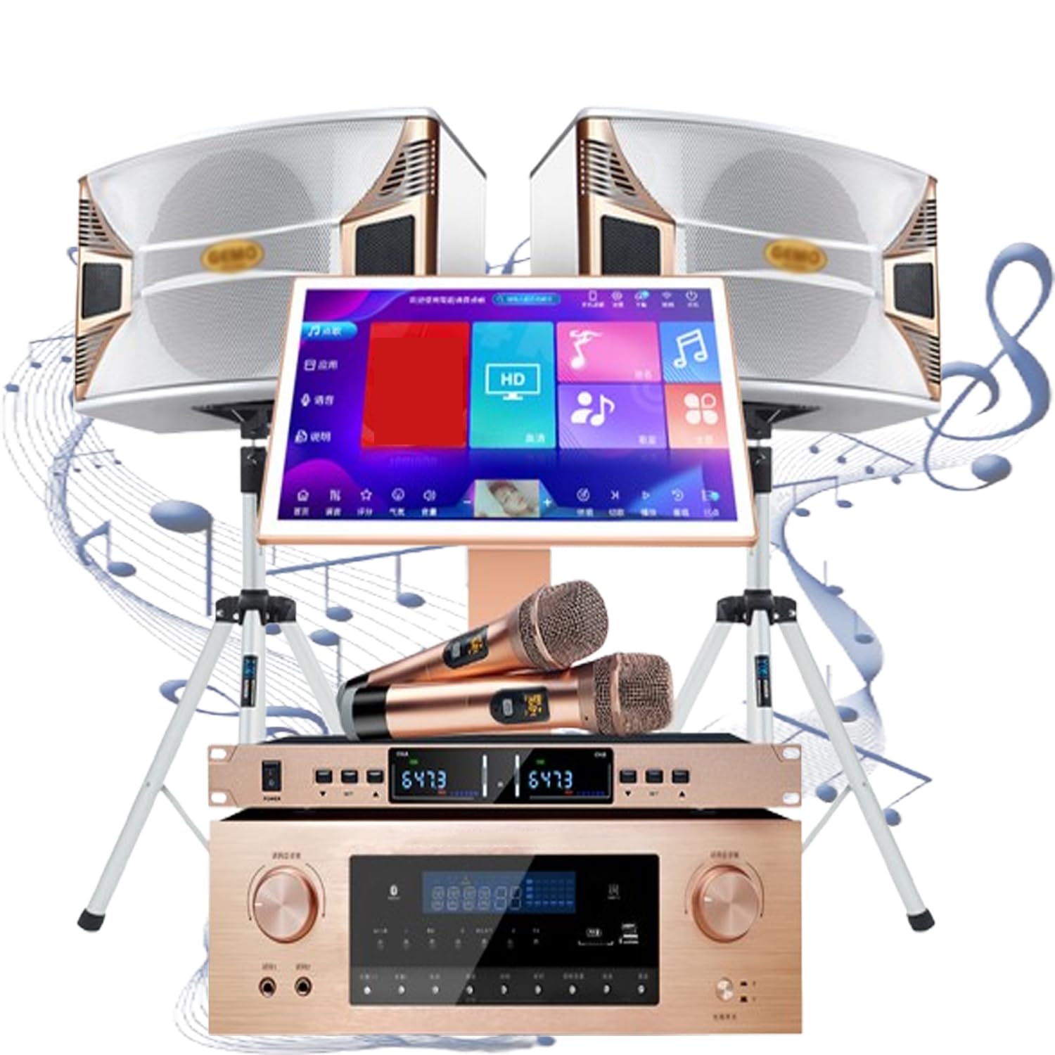 Nowa maszyna do karaoke, z 2 bezprzewodowymi mikrofonami pogłosu, ekran 55.9 cm 4K HD, 27 języków i żądania utworów głosowych, z profesjonalnym dźwiękiem 25.4 cm, wzmacniaczem mocy 550 W, z