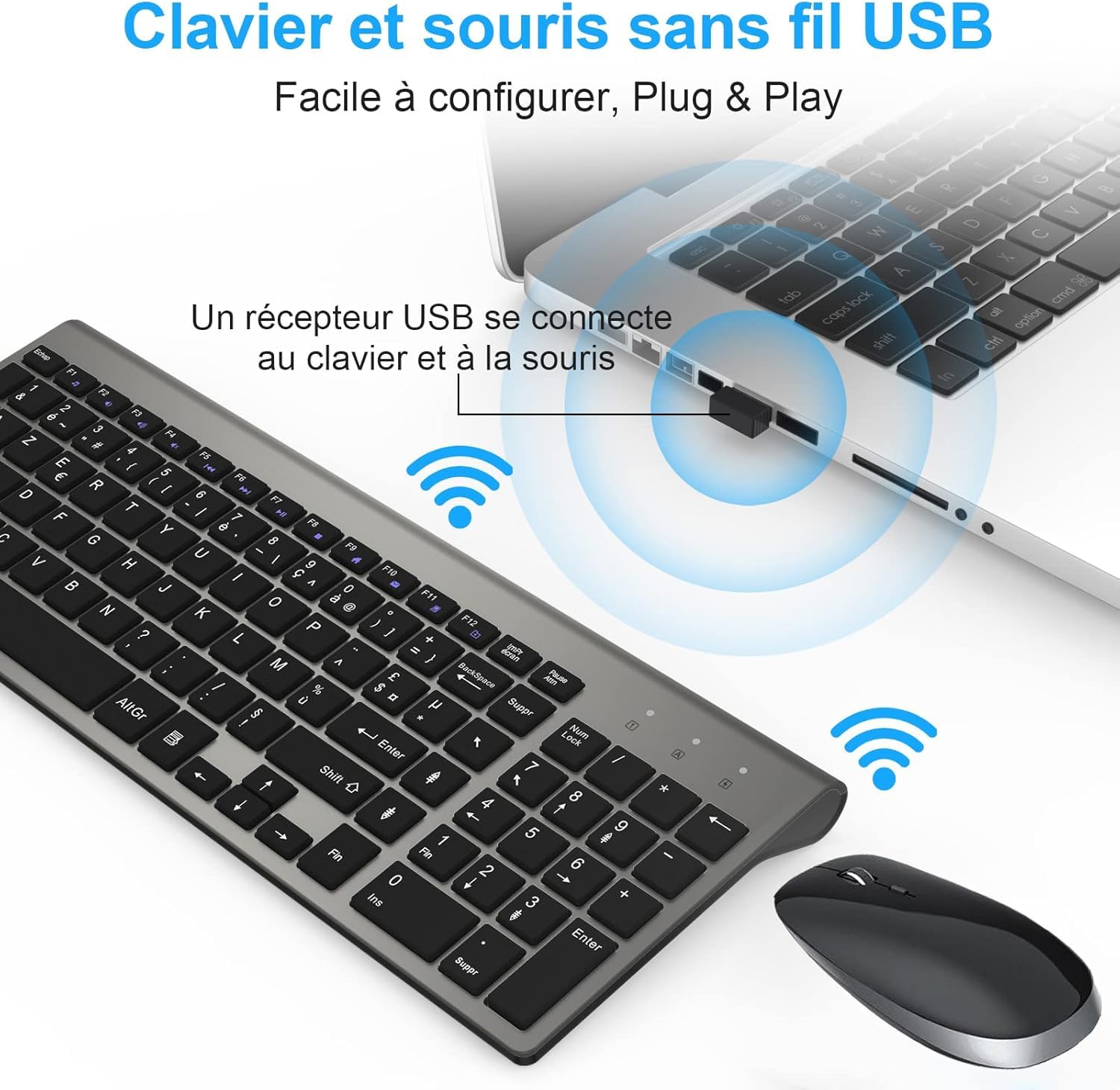 Clavier et Souris sans Fil - Ergonomique 2.4G Silent Compact Clavier de Souris Pleine Taille pour PC/Portable/Ordinateur/Laptop/TV (Noir)