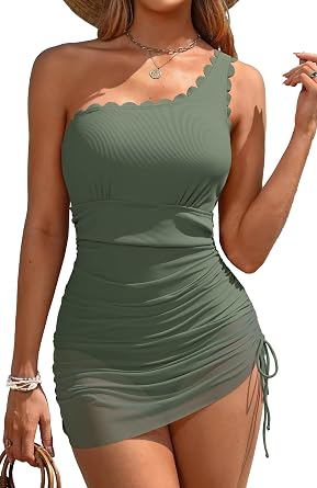 Charmo One Shoulder Swim Dress Ribbed Slimming Scalloped Swimsuit for Women Sheer Tummy Control Bathing Suit Swimwear