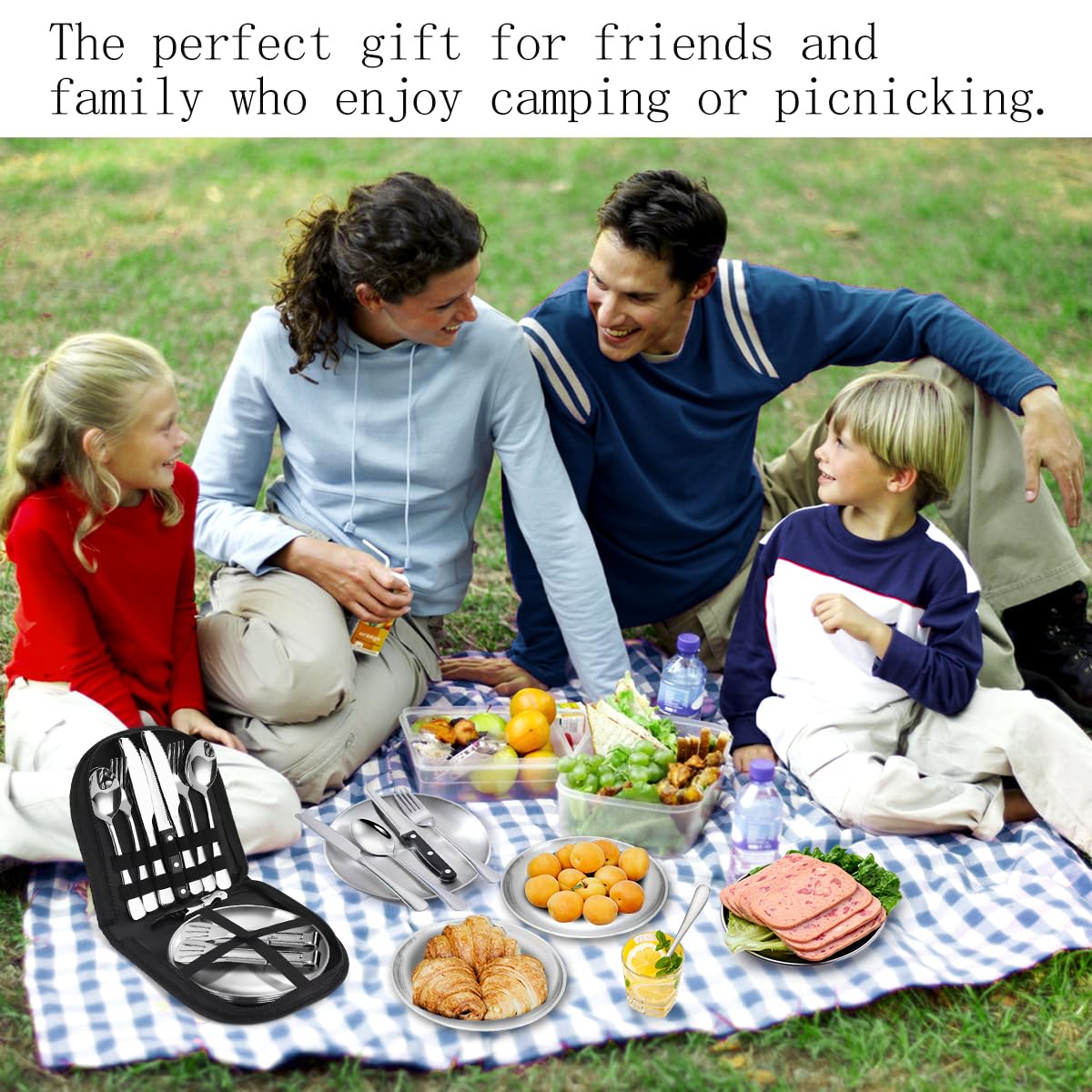 Set di Posate da Campeggio per 4 Persone, 21 Stoviglie da Campeggio Acciaio Inox con Cucchiaio,Forchetta,Ciotola,Borsa Portatile,per Picnic,Viaggi,Barbecue,Escursioni,Campeggio(Nero)
