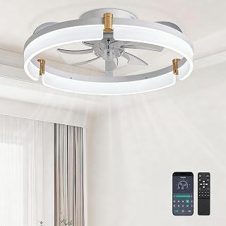 Ceiling Fans with Lights and Remote Fandelier - White 20'' Flush Mount Low Profile Modern Ceiling Fans for Bedroom - Stepless Color Temperature and 6 Speeds, White