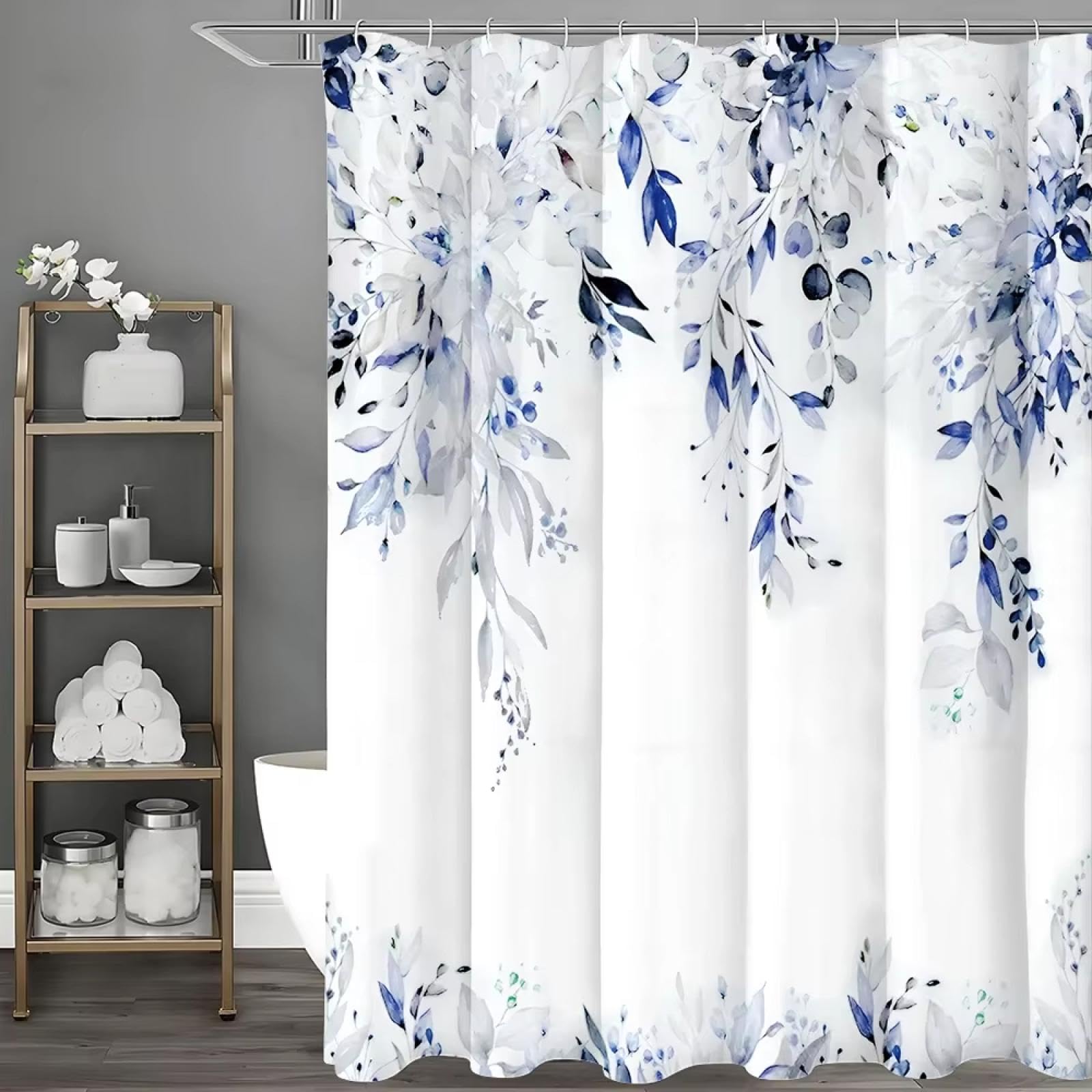 Eukalyptusblatt Blau Duschvorhang 270x220cm/Breite x Höhe Dekorativer Duschvorhang fürs Badezimmer, wasserdichte Badevorhänge mit Haken