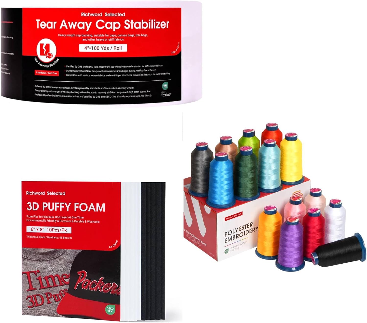 Poolin 3D Puff Embroidery Kit – Hat Stabilizer (3.2 oz, 4" x 100Y) + 3MM Puffy Foam (6"x8", 10pcs) + 15 Colors 4000M Thread Set, Complete Bundle for Caps, Hats & Raised Logo Embroidery