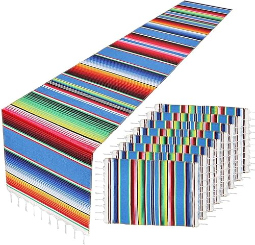 Vista 8 de Camino de mesa mexicano con manteles individuales (8 unidades), manteles individuales surtidos de serape mexicano, decoraciones de boda, manta