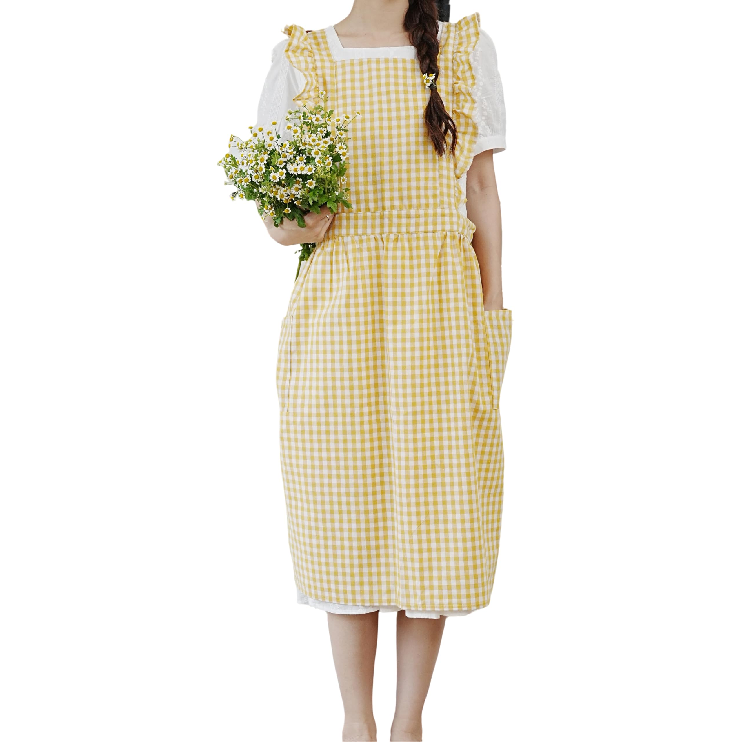 Ruffles Plaid Apron Cute Cotton Large Pleated Lace Up Stain Resistant Cover Up — image 1