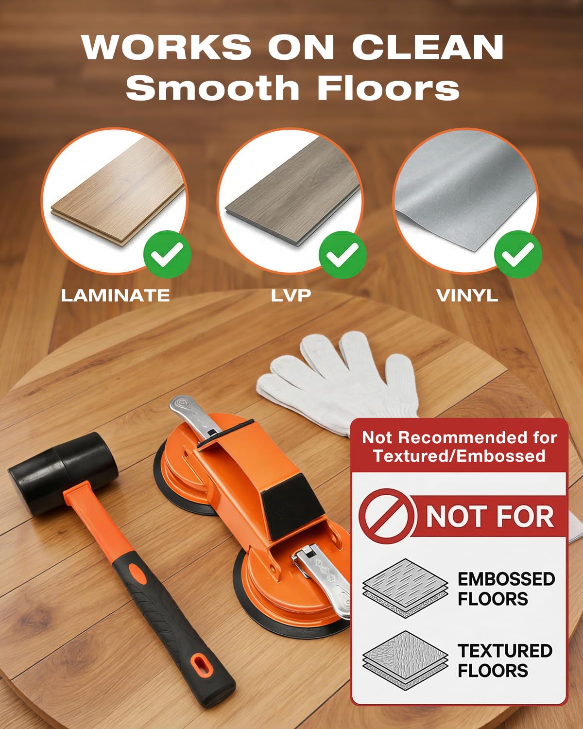 Saker Floor Gap Fixer Tool Kit with Mallet, 10PCS Washable Pads & Gloves, Suction Cup Tool for Laminate Floor Gap Repair, Vinyl Plank & Wood Floors (Dual Suction Cup+Rubber Mallet)