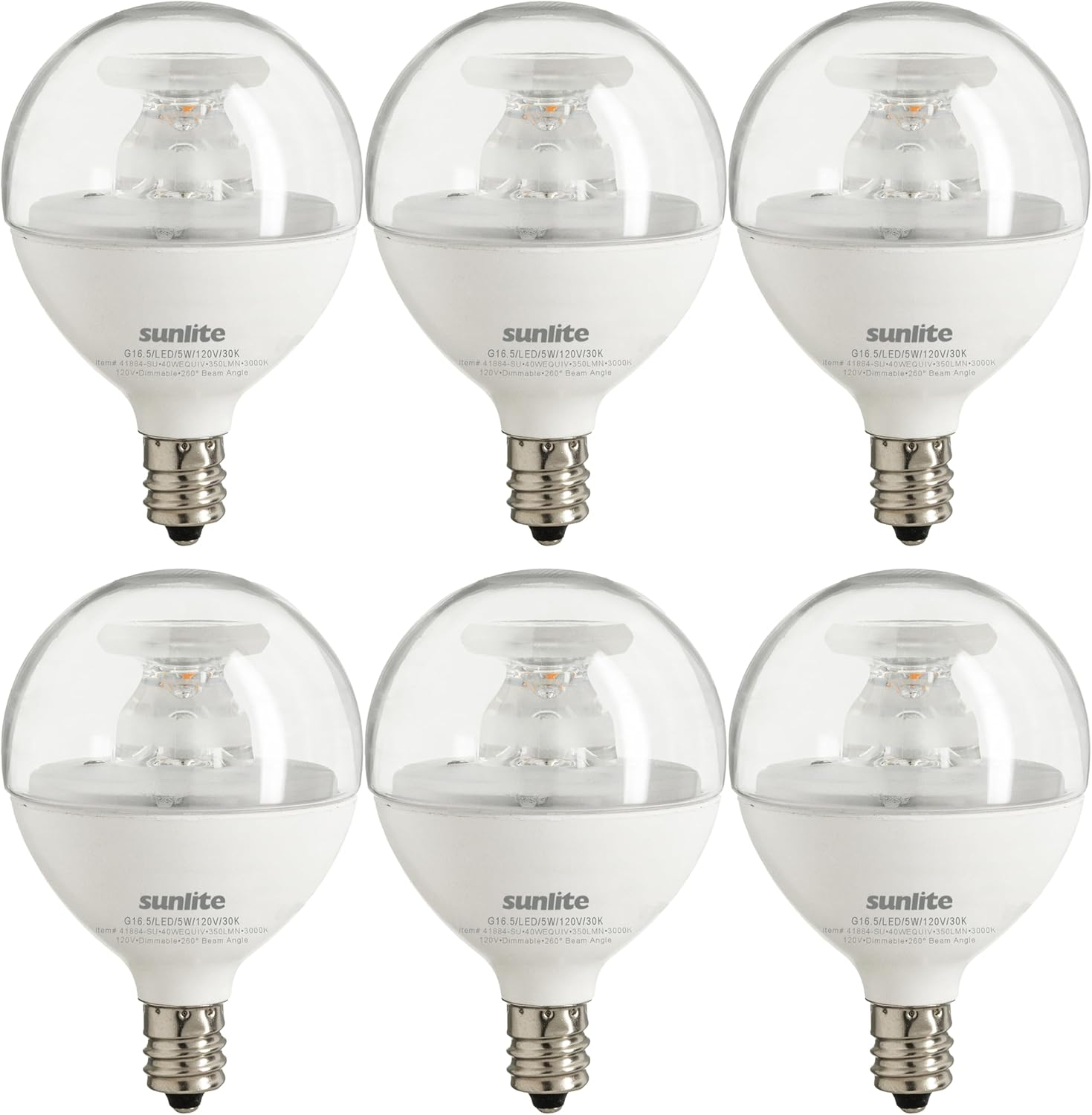 Sunlite G16.5 Light Bulb LED, 5 Watts (40W Equiv.), 350 Lumens, Dimmable, Type G Globe Shape E12 Candelabra Base, Short Bulbs, Vanity Mirror Bulbs, 3000K Warm White, Clear, 6 Count
