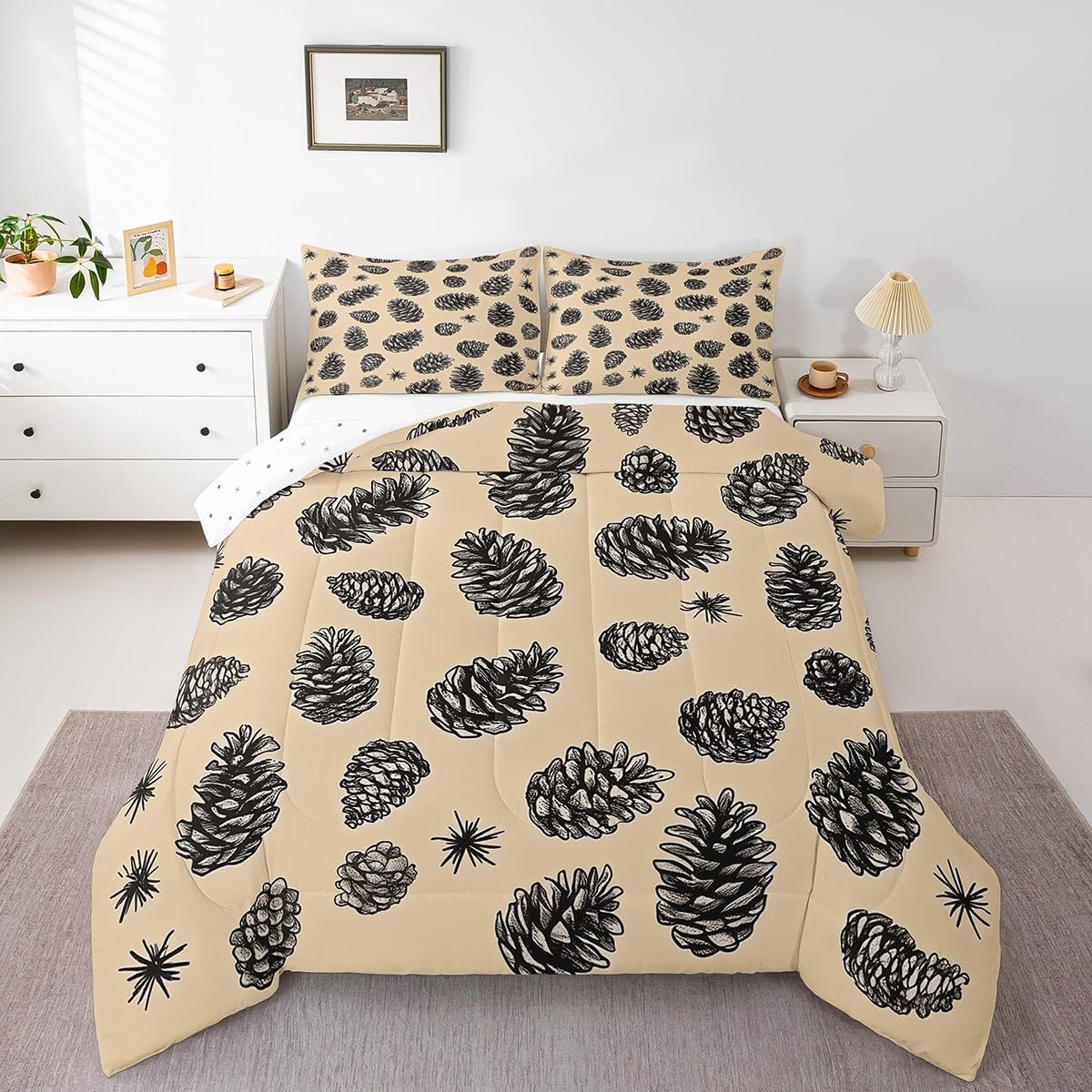 Pinecone Comforter Set Twin Size,Brown Sketch Christmas Bedding Set 2Pcs for Kids Teens Woman Men Room Decor,Winter Pine Leaves Quilt Set Happy New Year Duvet Insert,1 Pillowcase