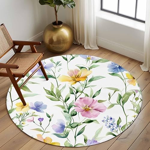 Miniatura 3 de 7ft Round Rug, Watercolor Flower Non-Skid Rubber Backing Large Area Rugs - Living Room Bedroom Home Office, Spring Farm Leaf Country Floral Retro