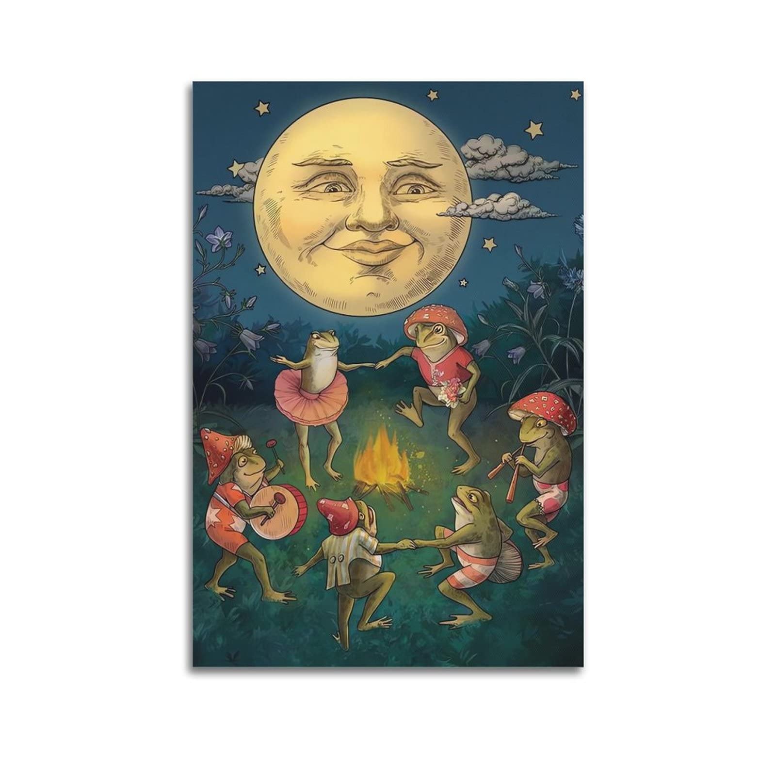 Frog Bonfire Party Moon Wall Decor for Kids' Room, Cartoon Frog Art, 12x18inch (Frameless)