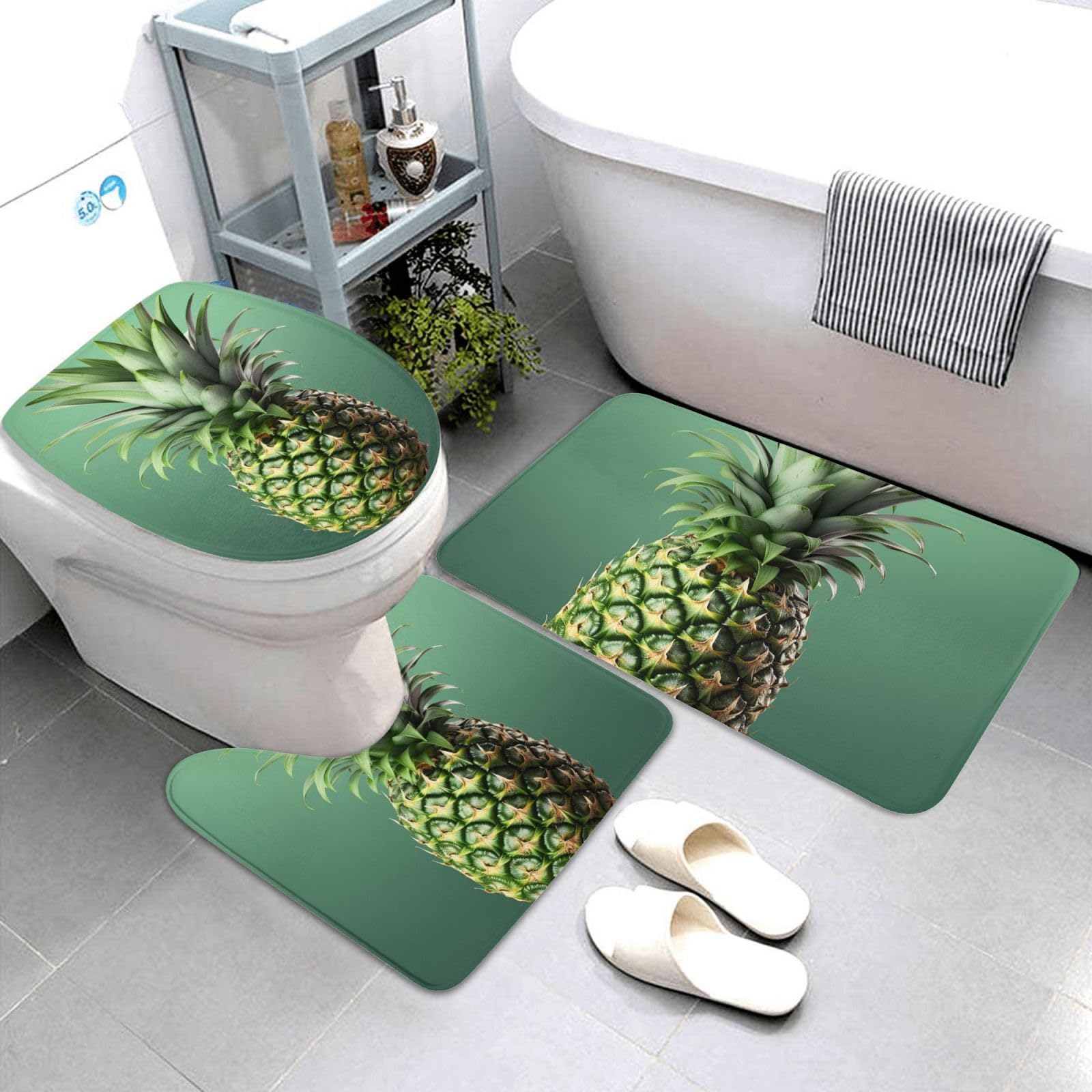 Dwrepo Pineapple Green Print Bathroom Rug Set 3 Piece with Non-Slip U-Shaped Contour Mat and Toilet Lid Cover for Bathroom Decoration