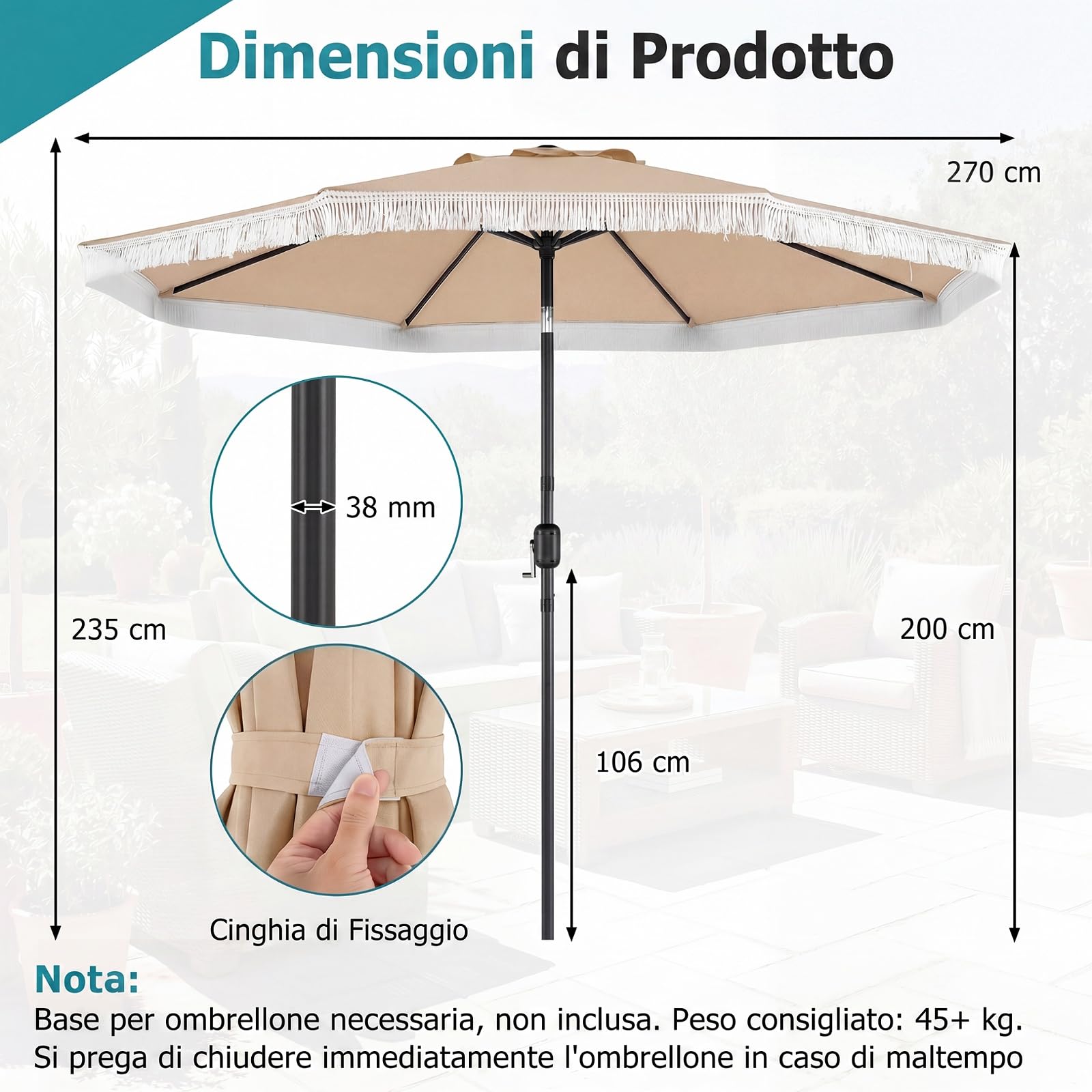 COSTWAY Ombrellone da Giardino 270 x 235 cm, Ombrellone da Esterno Inclinabile 30° con 8 Costole, Palo in Metallo, Parte Superiore Ventilata e Manovella per Spiaggia, Balcone e Terrazzo (Beige)