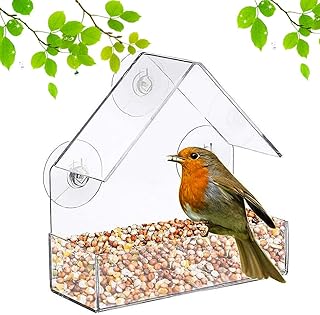 Bird Feeder,QSXX 1 Pcs Clear Acrylic Window Bird Feeder,Window Bird Feeder Roof Shape with Suction Cups Hanging Window Mount Feeder for Titmice, Sparrows & Other Birds Optimal Bird Admiring