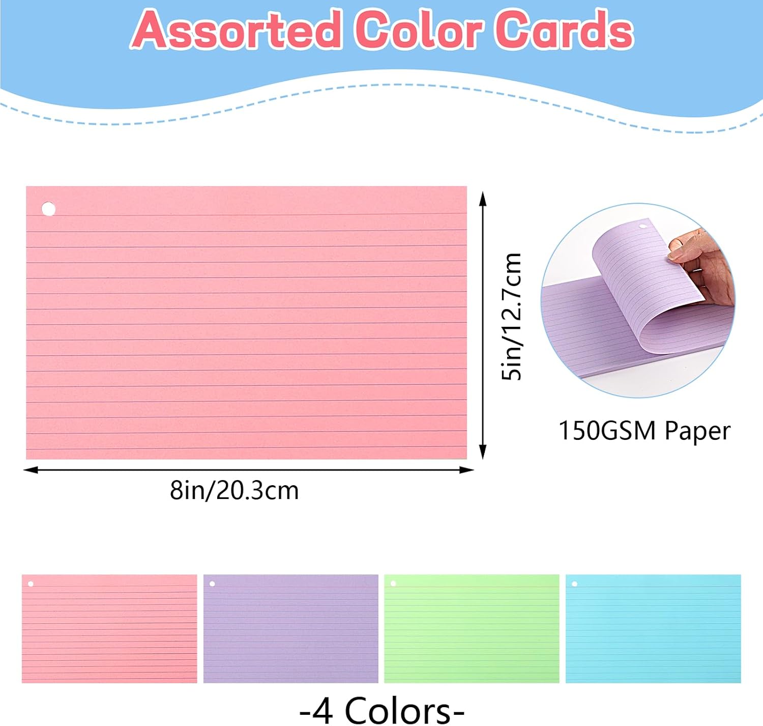 Index Card 5 x 8 Inch, 150gsm Flash Cards with Key Ring, 120 Count Double-Sided Ruled Note Cards, 4 Color 30 Sheets Each for Office School Supplies image 2
