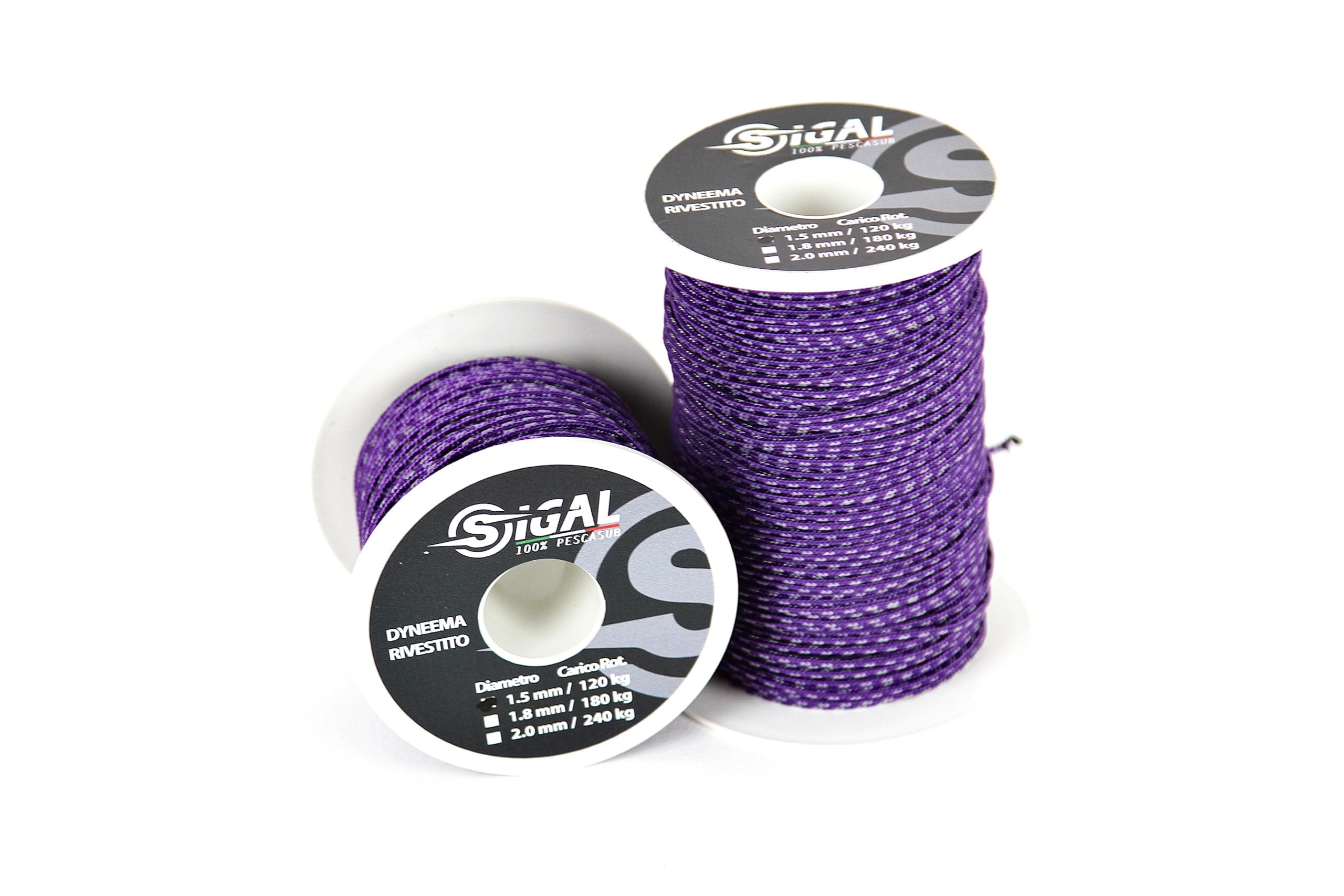 Beschichtet Dyneema, Sk75, Rolle 50 m, weiße schwarze Einsätze, Ø 1,5 mm (violette Einsätze grau)