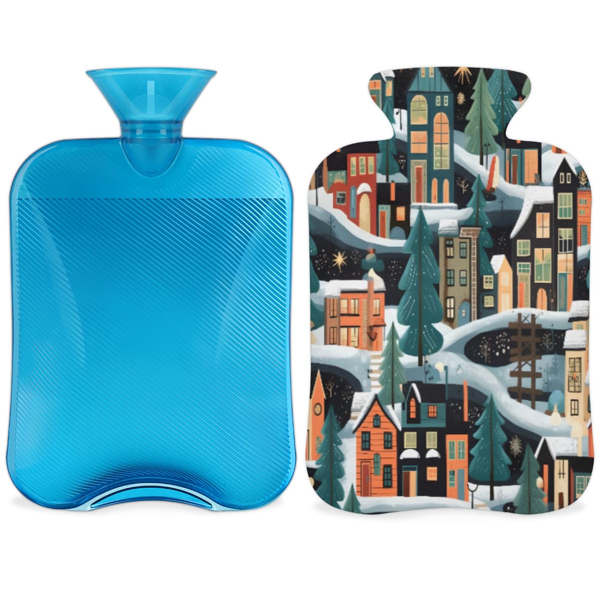 Hot Water Bottle with Soft Cover,2L Cartoon City Hot Water Bag for Hot and Cold Compress, Hand Feet Warmer, Colorful City Rubber Hot or Cold Water Bottle Halloween Christmas Decorations