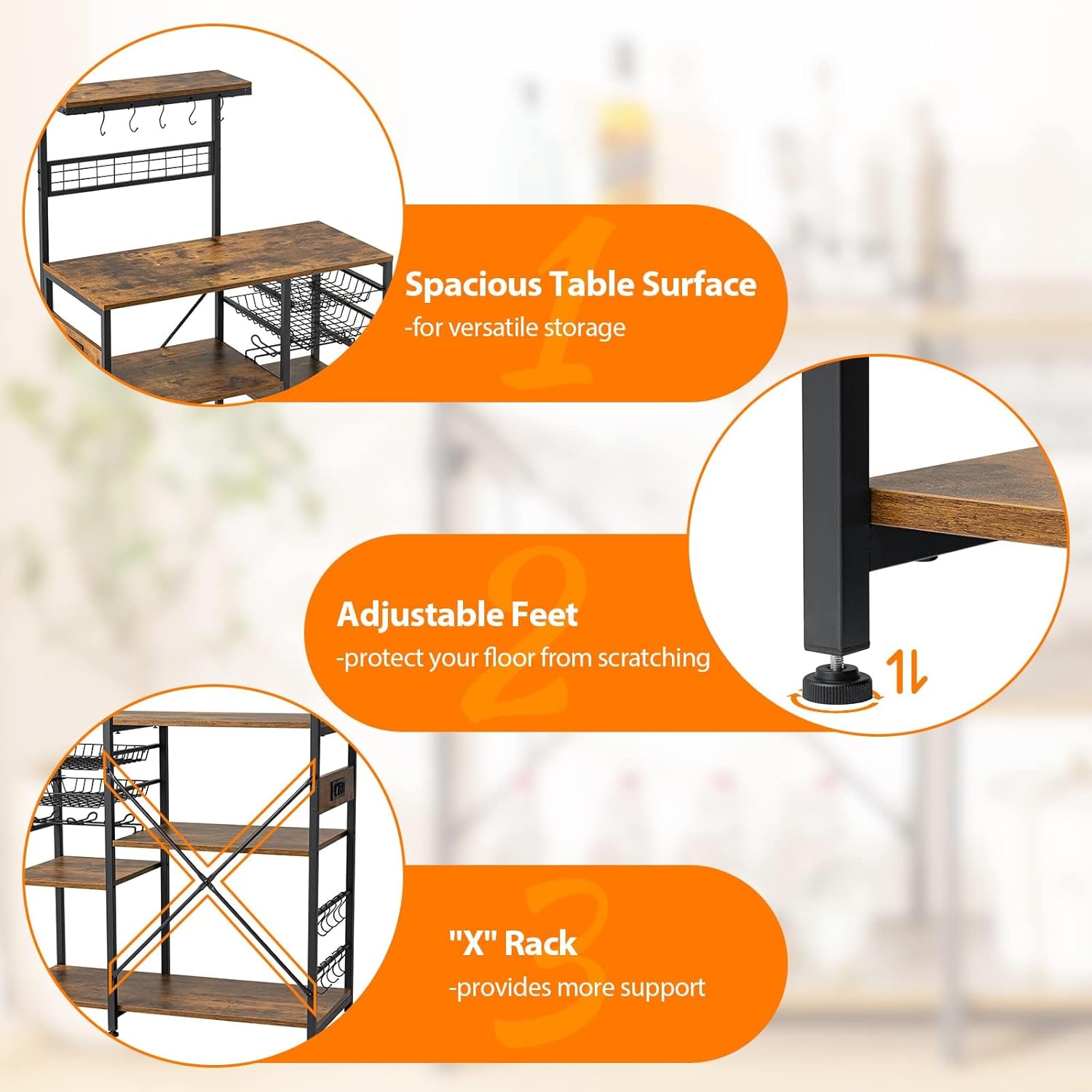 Bakers Rack with Power Outlet 5 Tier Microwave Stand with Mesh Basket Mug Holder for Kitchen Coffee Bar Station for Spice Pots and Pans Organizer