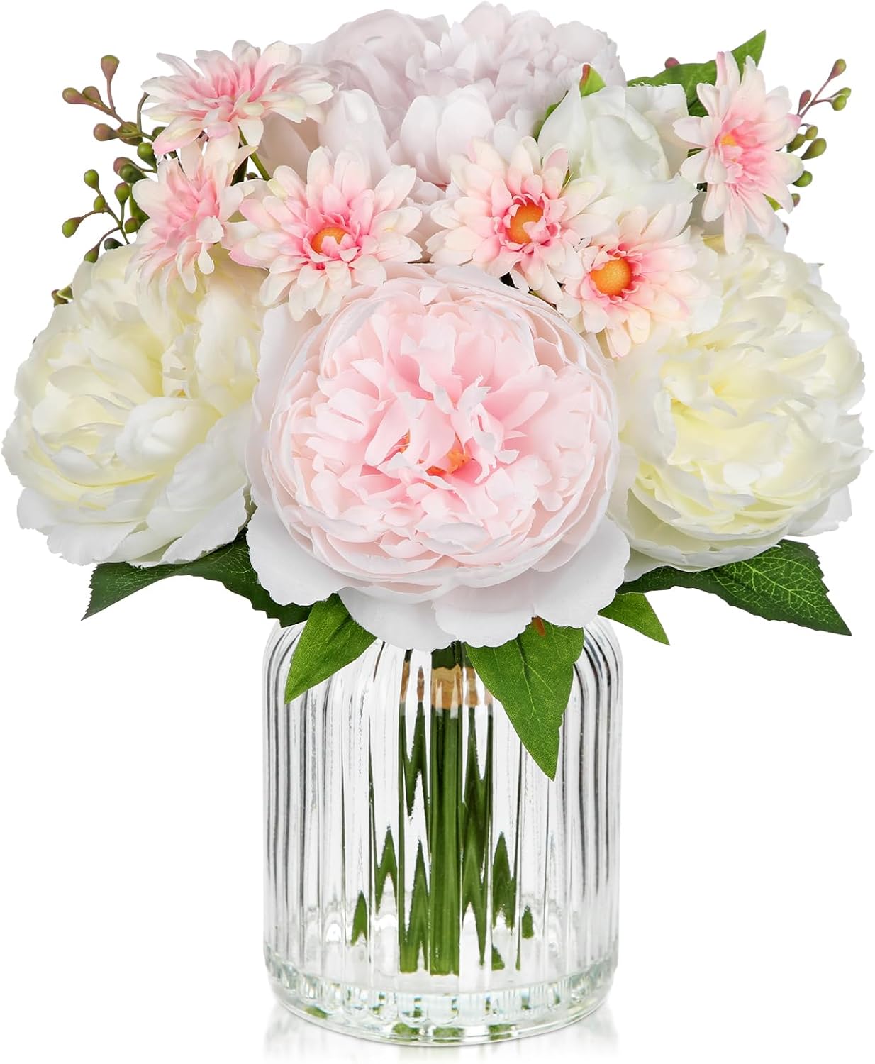 DILATATA Artificial Flowers in Vase Pink Silk Peony & Daisy Faux Floral Arrangements for Table Centerpieces, Home Office Kitchen Bathroom Decor, Spring Fake Flower Arrangement