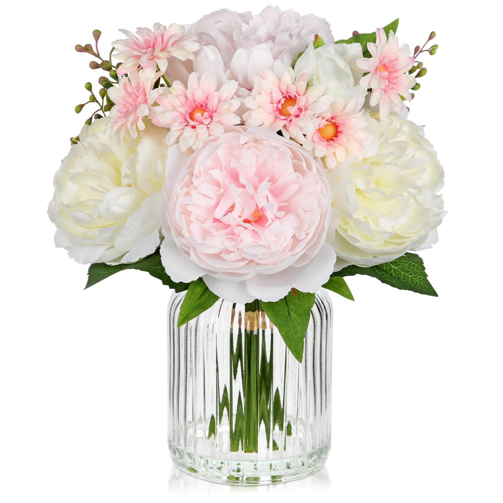 DILATATA Artificial Flowers in Vase Pink Silk Peony & Daisy Faux Floral Arrangements for Table Centerpieces, Home Office Kitchen Bathroom Decor,