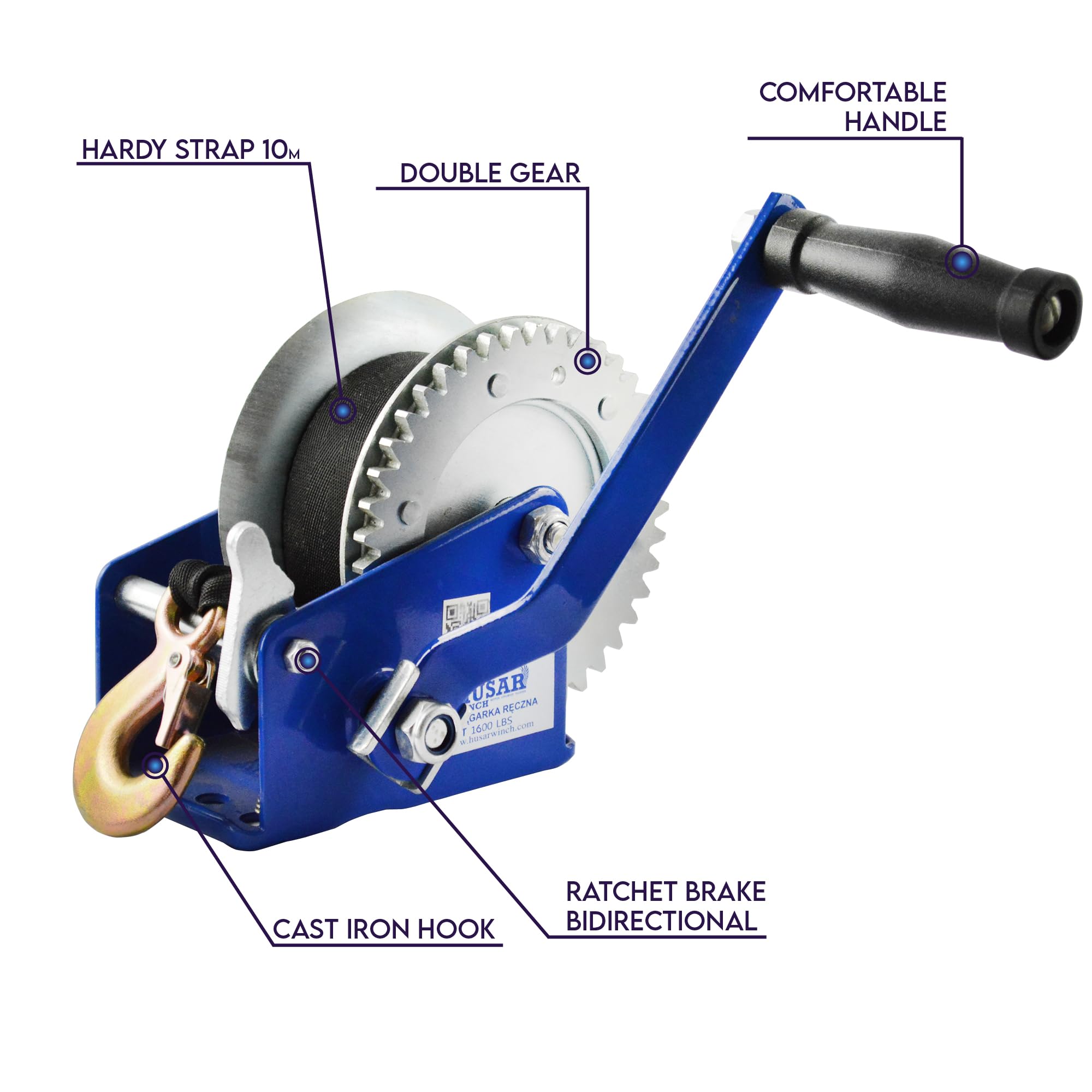 Handseilwinde 1600 lbs 720 kg mit Gürtel 10 Meter 5 cm, Zwangsbremse, doppeltwirkend, verstärkte Stahlzahnräder, Winde für Boote, Anhänger, Industrie